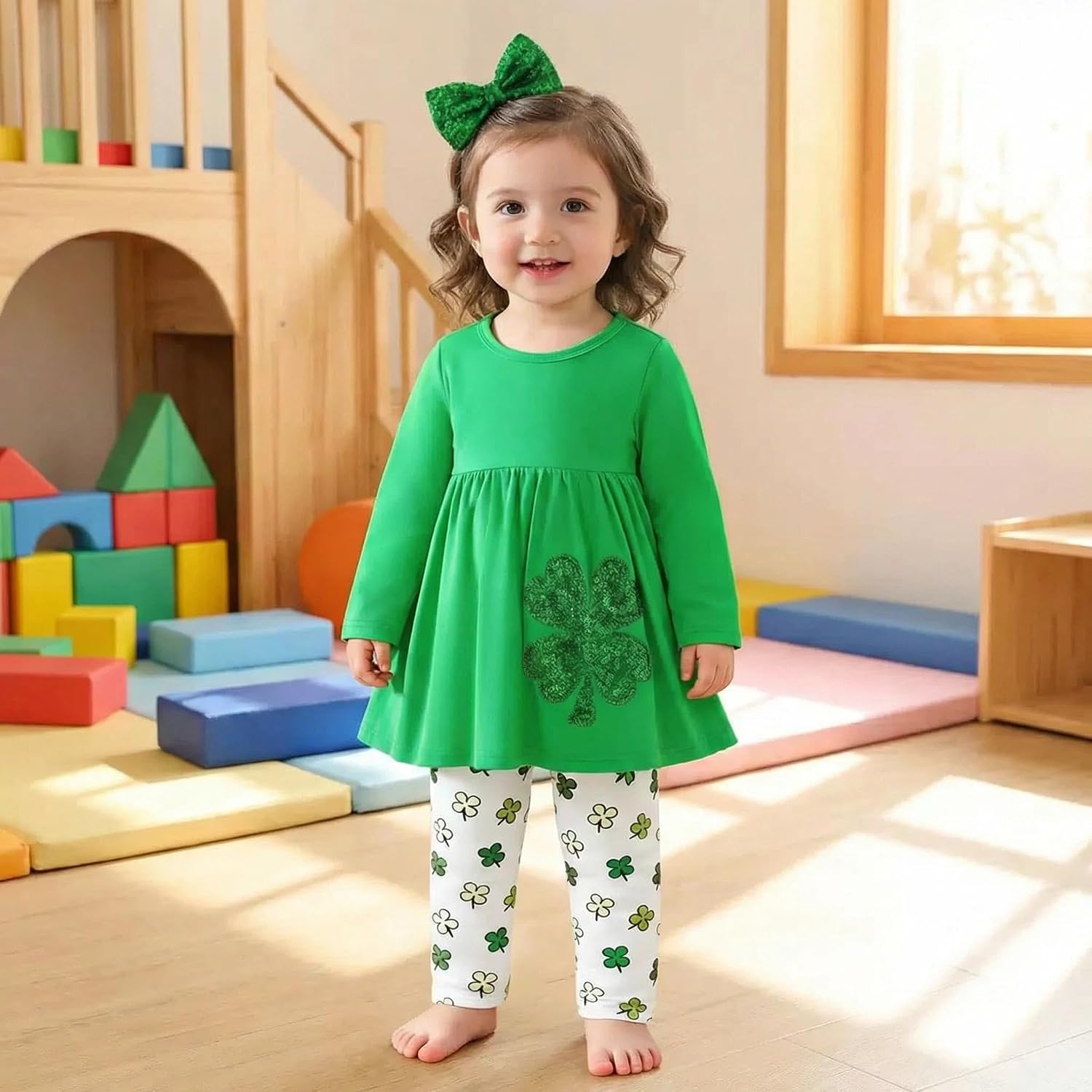 Toddler Girls St Patricks Day Outfit, Shamrock Clover Green Dress with Leggings, Irish Lucky Clothes Set