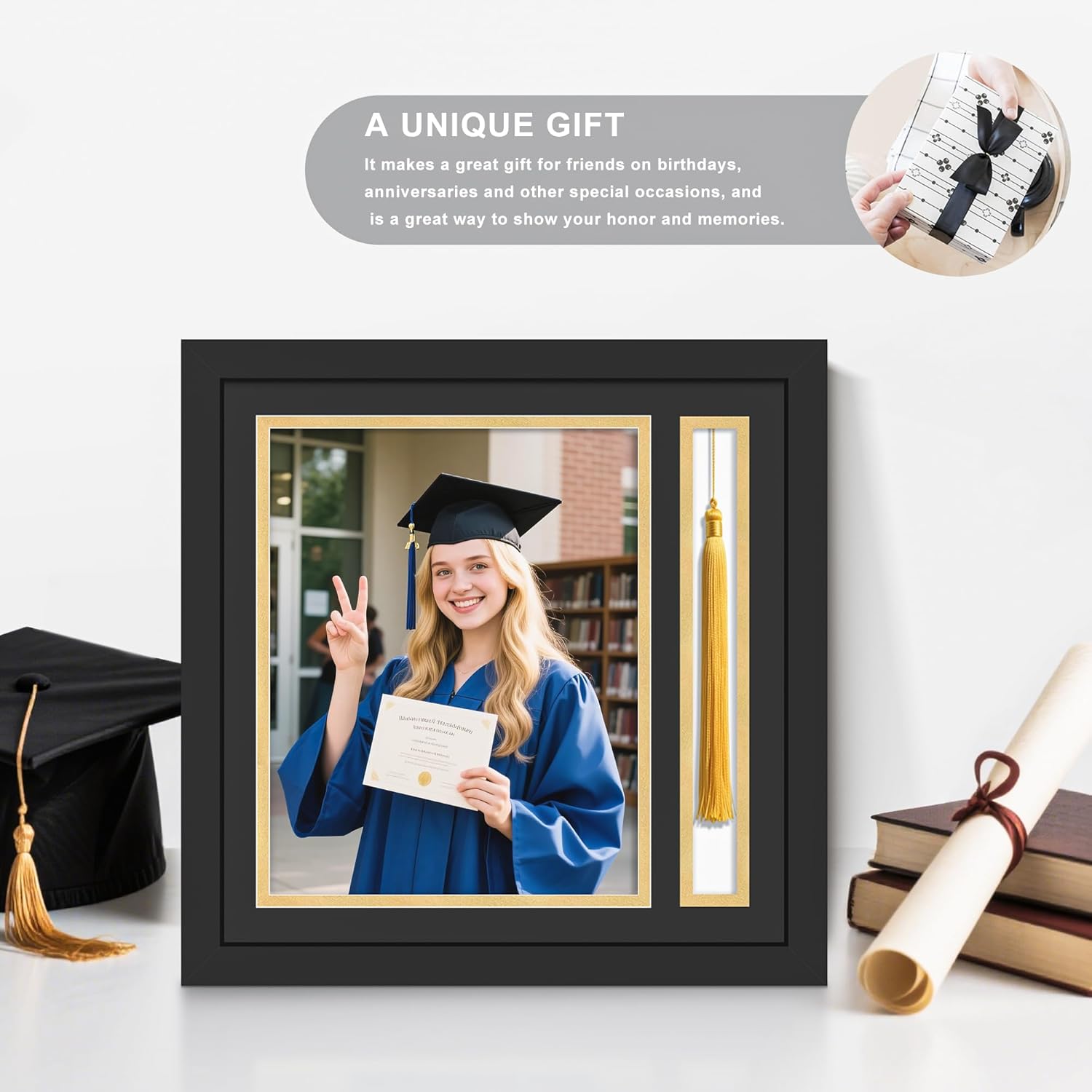 Picrit Photo Frame with Tassel Holder for 8x10 Pictures with Tempered Glass, Class of 2025 Graduation Decoration Gift, Black over Gold Mat, Wall or Tabletop Display