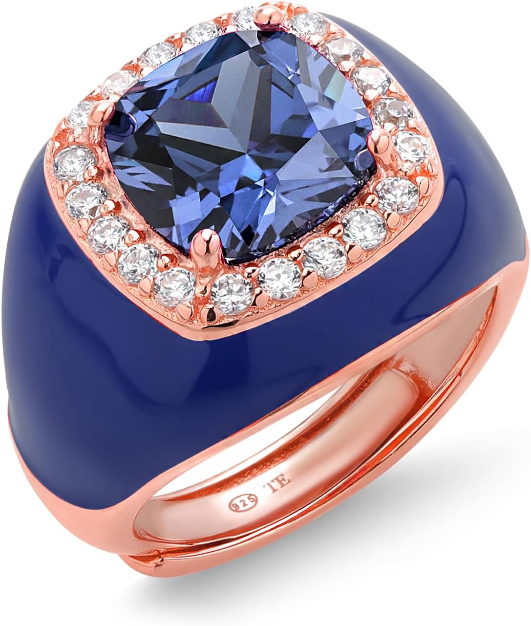 Gem Stone King Made In Italy 18K Rose Gold Plated Silver 10MM Blue Simulated Tanzanite and White Cubic Zirconia Blue Enamel Adjustable Expandable Ring For Women
