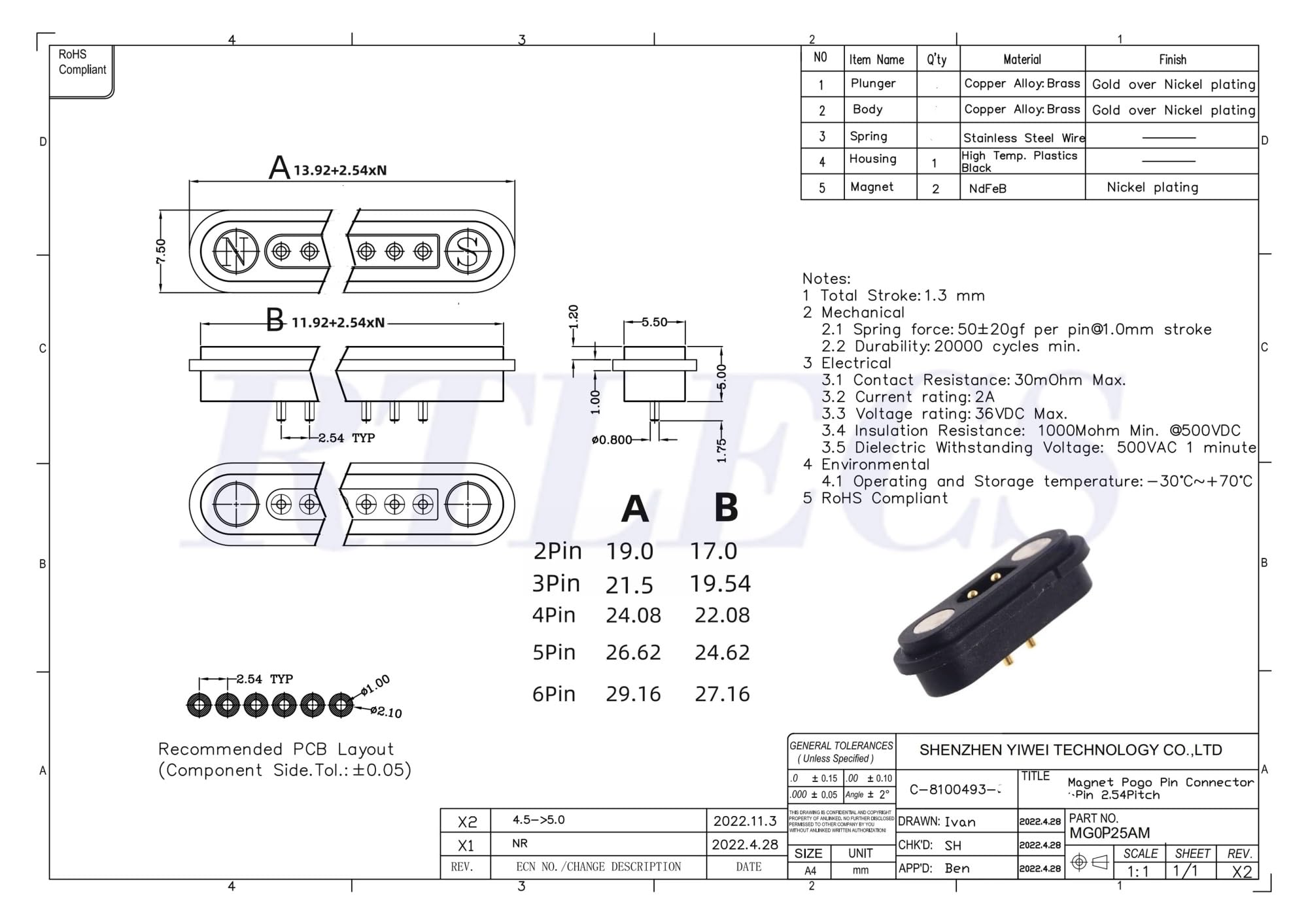 Connettore Pogo Pin magnetico impermeabile 2A 2 3 4 5 6 posizioni Caricato a molla 2,54 mm Maschio Femmina Presa di corrente continua Striscia di contatto(2P Wire MF)