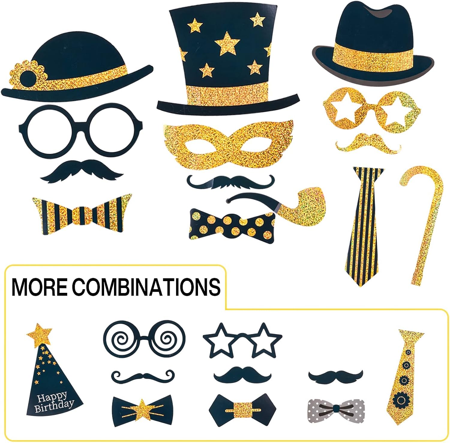PartyWoo Photo Booth Props Birthday, 40 pcs Glitter Photo Booth Backdrops with Large Hats Glasses Mustaches, Black and Gold Party Favors Signs for Selfie Photobooth 30th 40th 50th 90th Birthday Men : Home & Kitchen