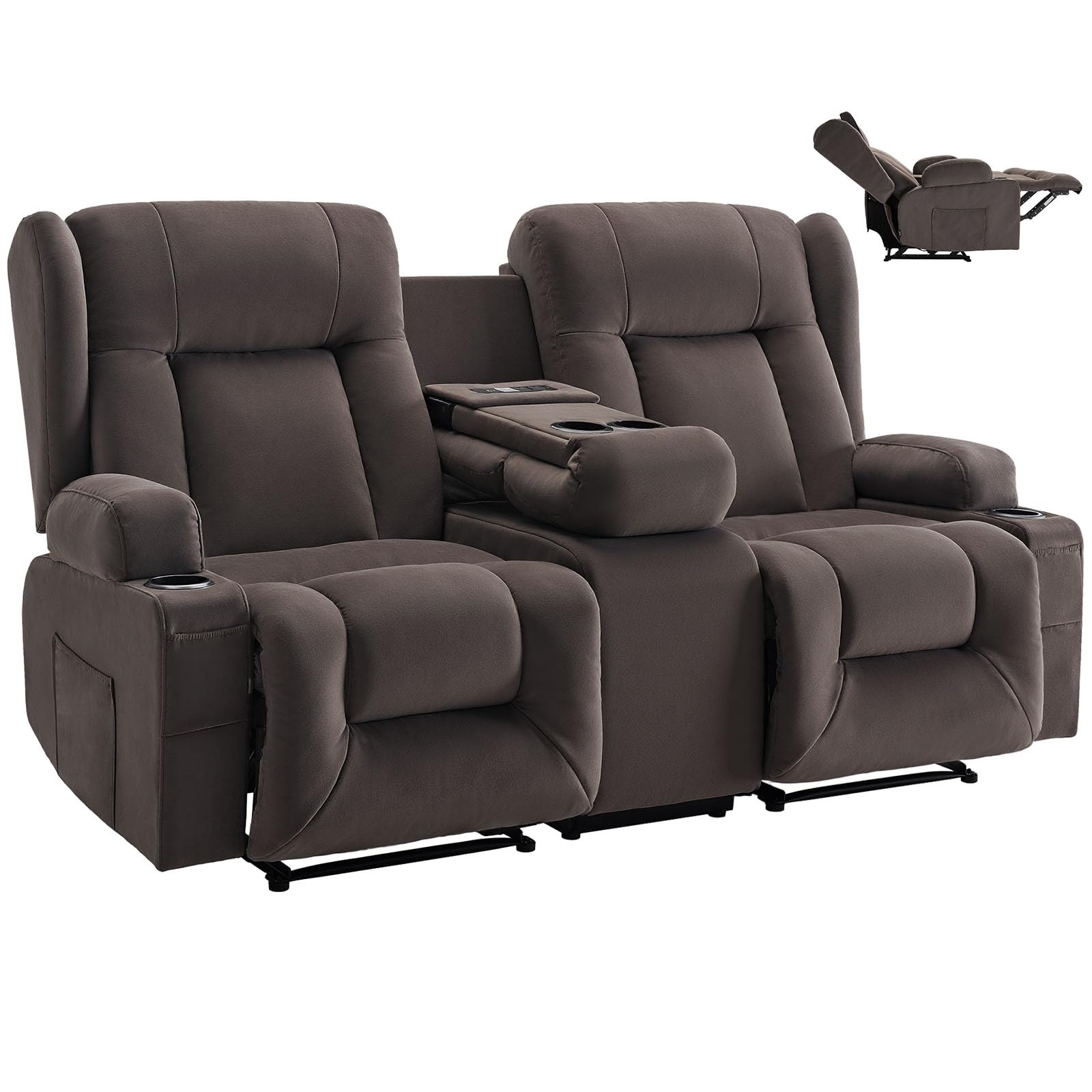 VEVOR Loveseat Relaxsessel elektrische Liegecouch mit Wärmefunktion & Massage, Massagesessel mit zentraler Steuerung & USB-Anschlüssen & Getränkehaltern & Seitentaschen, Sofa für Wohnzimmer Braun