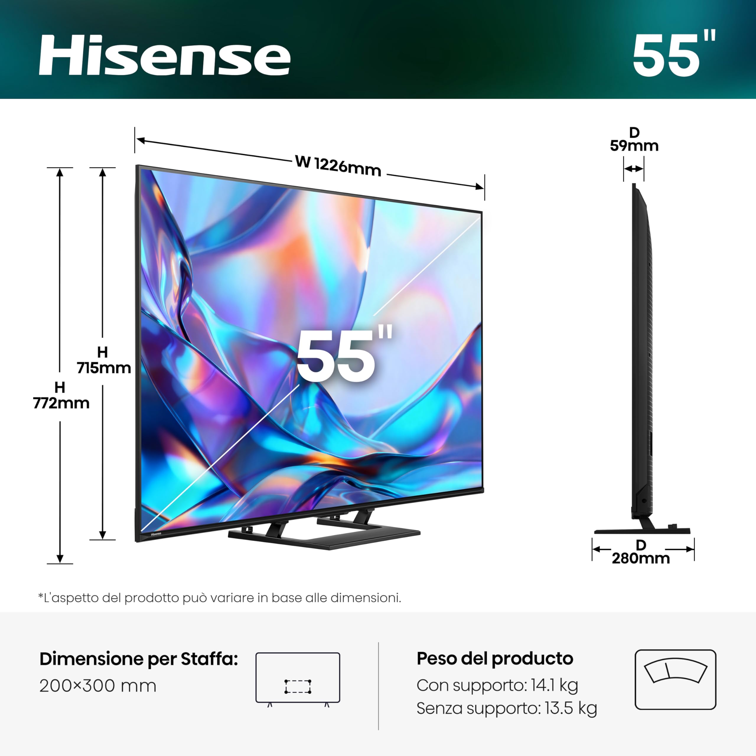 Hisense Smart TV QLED 55" 4K 55A7S, 60Hz, Audio Dolby Atmos, Designed Unibody Slim, VIDAA OS con 1000+ APP, Dolby Vision IQ, HDR 10+, Game Mode Plus, BT, Wifi, Alexa Built-in, AirPlay2, lativù 4K