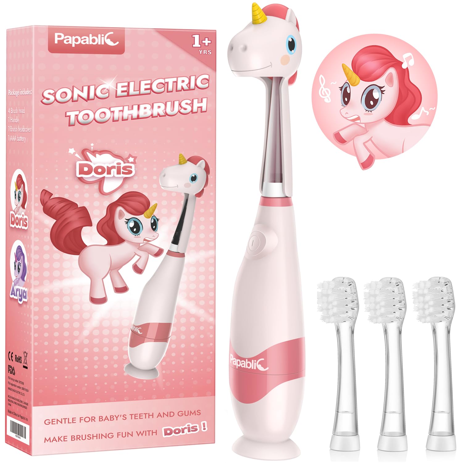 Toddler Sonic Electric Toothbrush Kids for Ages 1-3 Years, Baby Electric Toothbrush with Cute Unicorn Cover and Smart LED Timer, 4 Brush Heads (Doris)