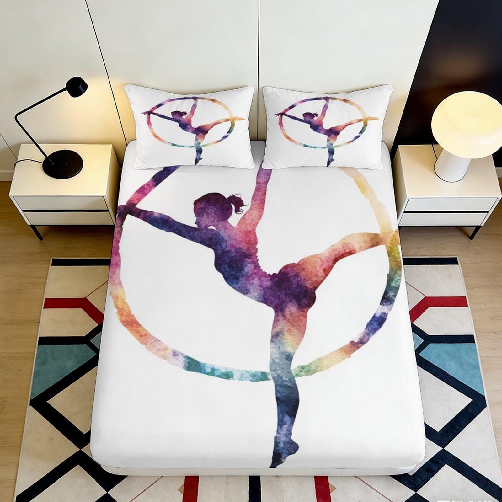 3D Printed Artistic Gymnastics Fitted Sheet Microfiber Soft Breathable Rhythmic Hoop Bed Cover for Bedroom Dormitory Guest Room Mattress Protection 180x200x25cm