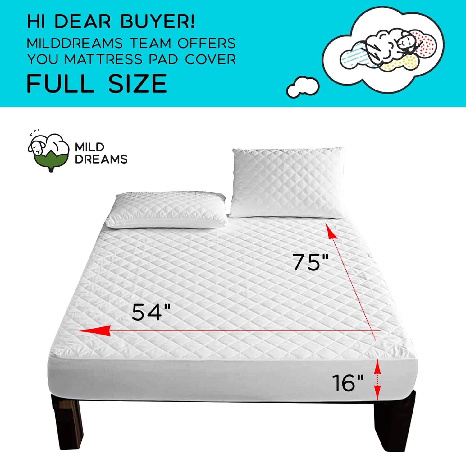 Full Mattress Pad Cover - Fitted Sheet for 54x75 Inches Bed, 16 Inch Deep Pocket, Quilted, White