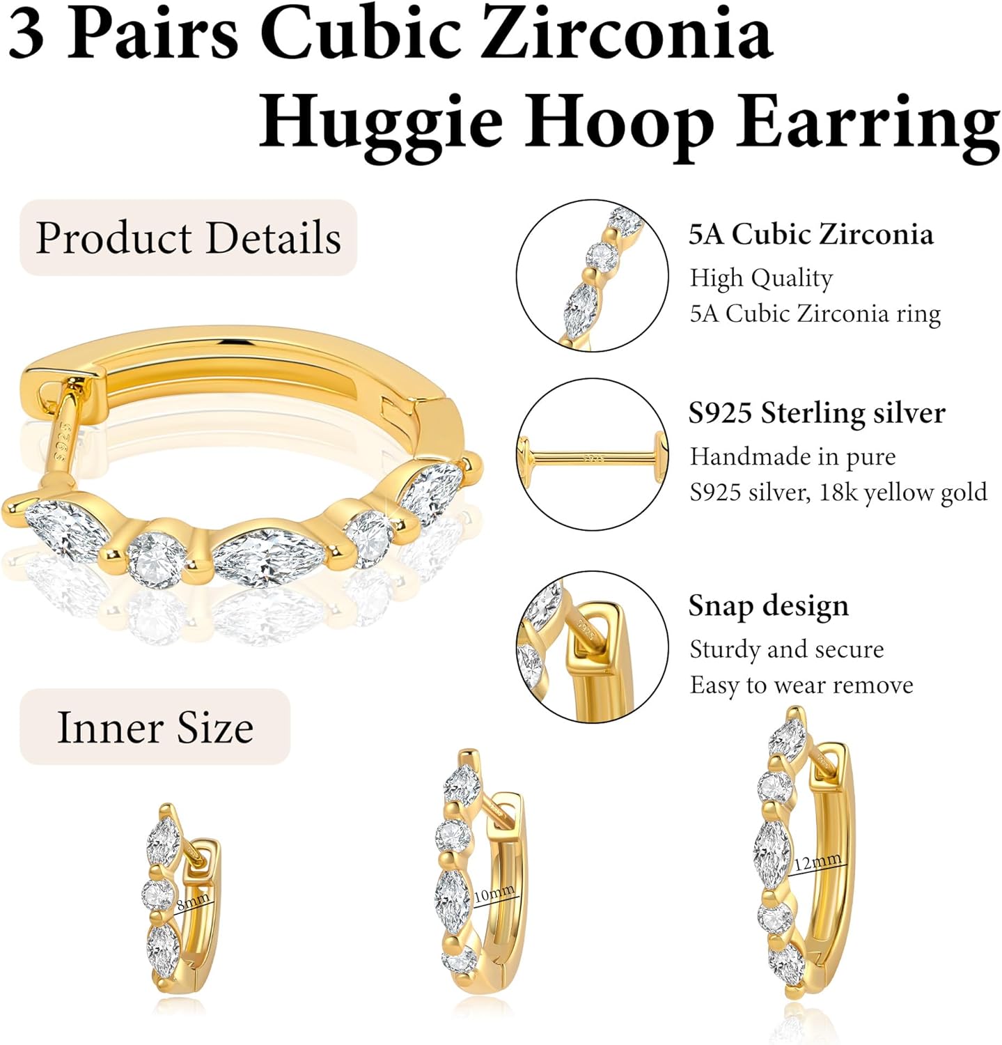 1/3/5 Pairs Small Gold Hoop Earrings for Women,Minimalist Gold Filled cz Huggie Hoop Earrings,S925 18K Gold Plated Hypoallergenic Chunky Hoop Earrings Set for Women - Image 4