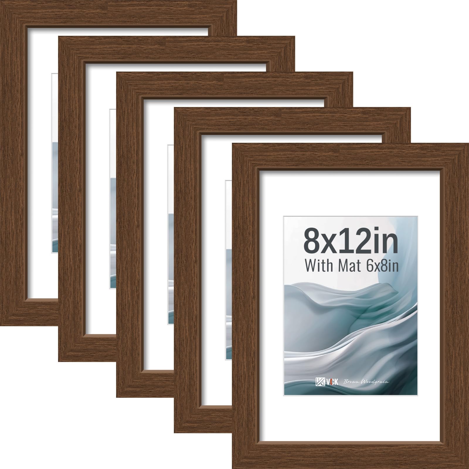 VCK 8x12 Picture Frame 5 Pack, Brown Exclusive Wood, HD Glass, for Photo
