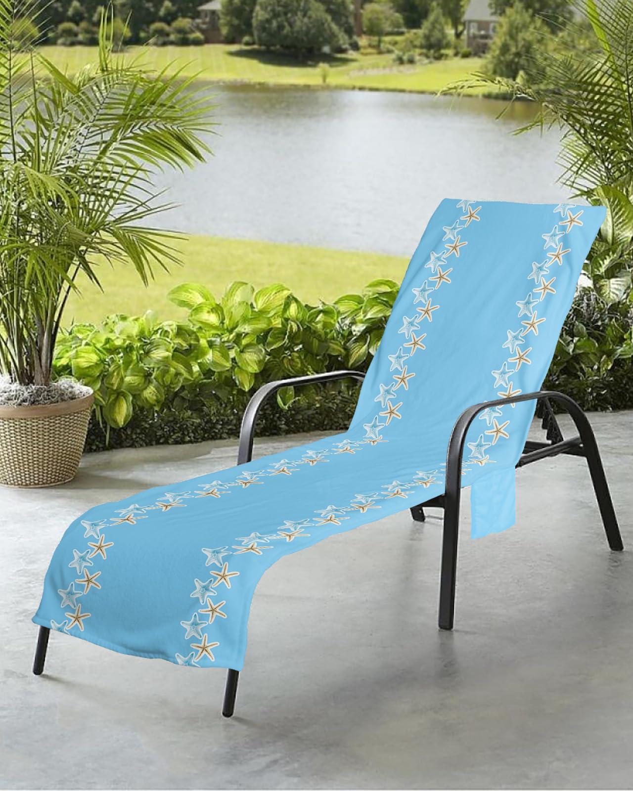 Starfish Blue Beach Chair Towel Covers for Chaise Lounge with Side Pocket, Soft Plush Pool Towels Cover for Patio Sunbathing Outdoor 29''x85'' Ocean Summer Beach Sea Nautical Theme