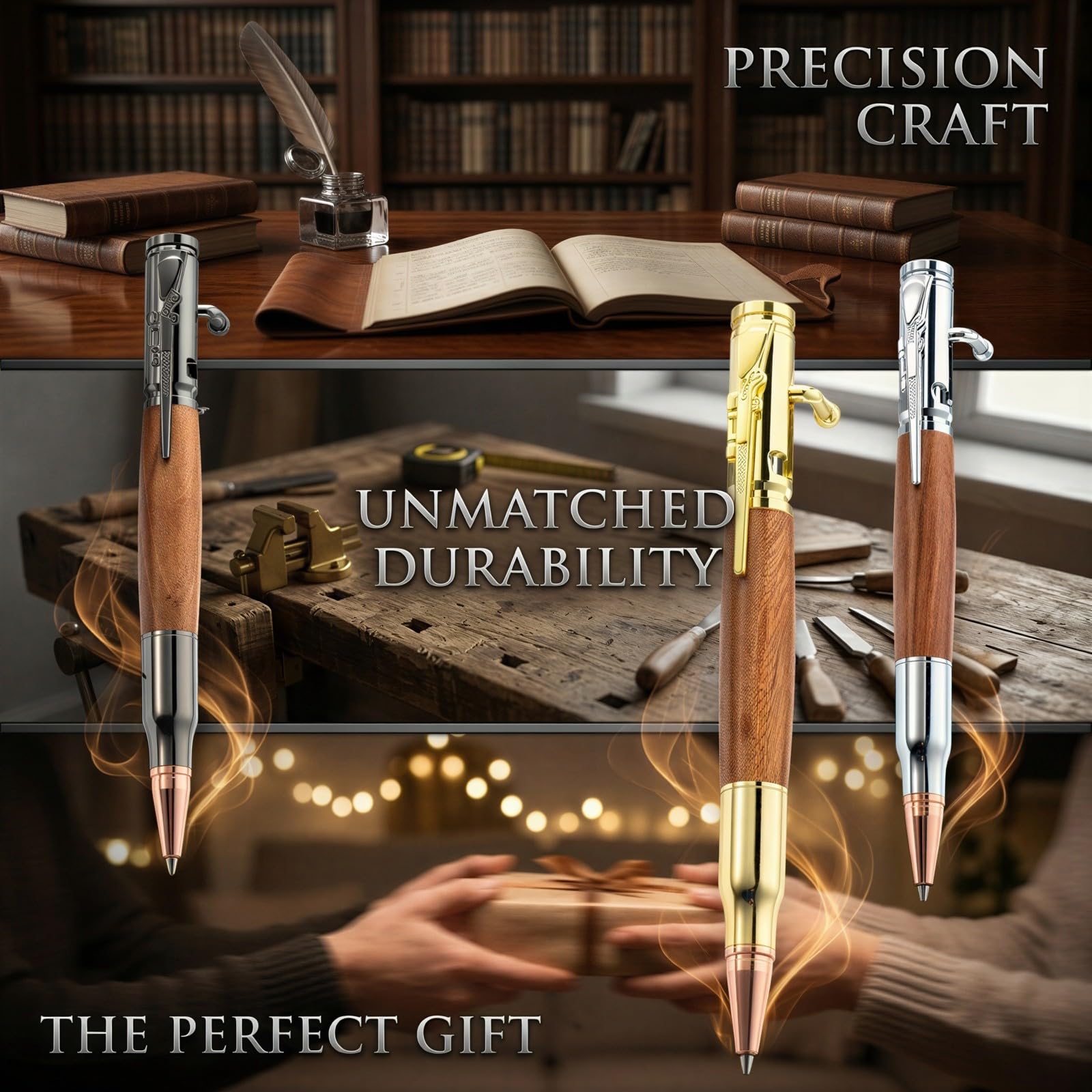 6 Stk. Bolt-Action-Stift Set, Patronenstift mit Birnenholz und Metallgehäuse, nachfüllbare Kugelschreiber als Geschenk für Männer, besondere Schreibwaren fürs Büro, Geburtstag, Vatertag, Gold Silber