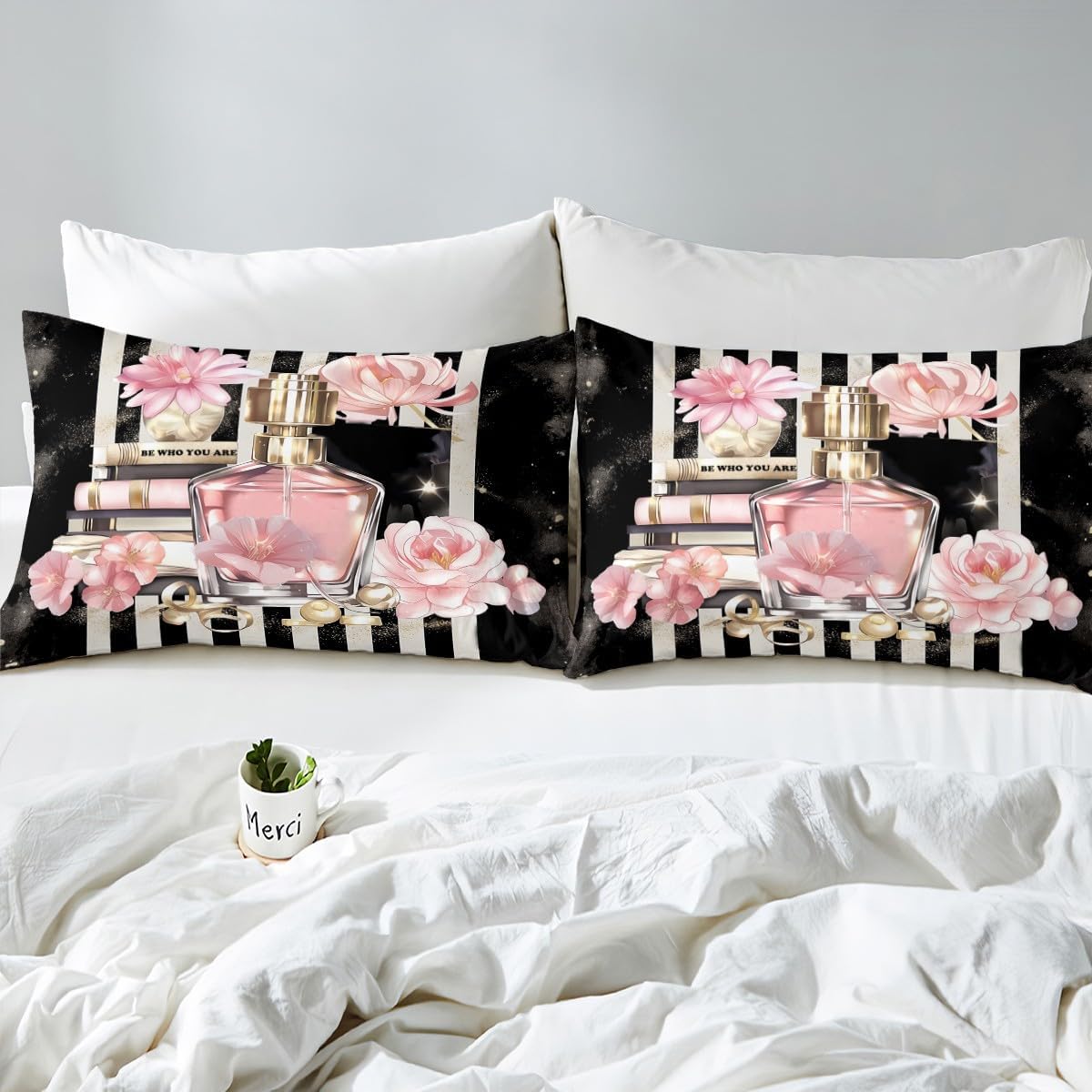 Fashion Pink Bedding Set Queen Size Modern Girly Black White Stripe Duvet Cover, Women Pink Floral Comforter Cover Perfume Print Bedspread Cover Romantic Makeup Themed Bedding