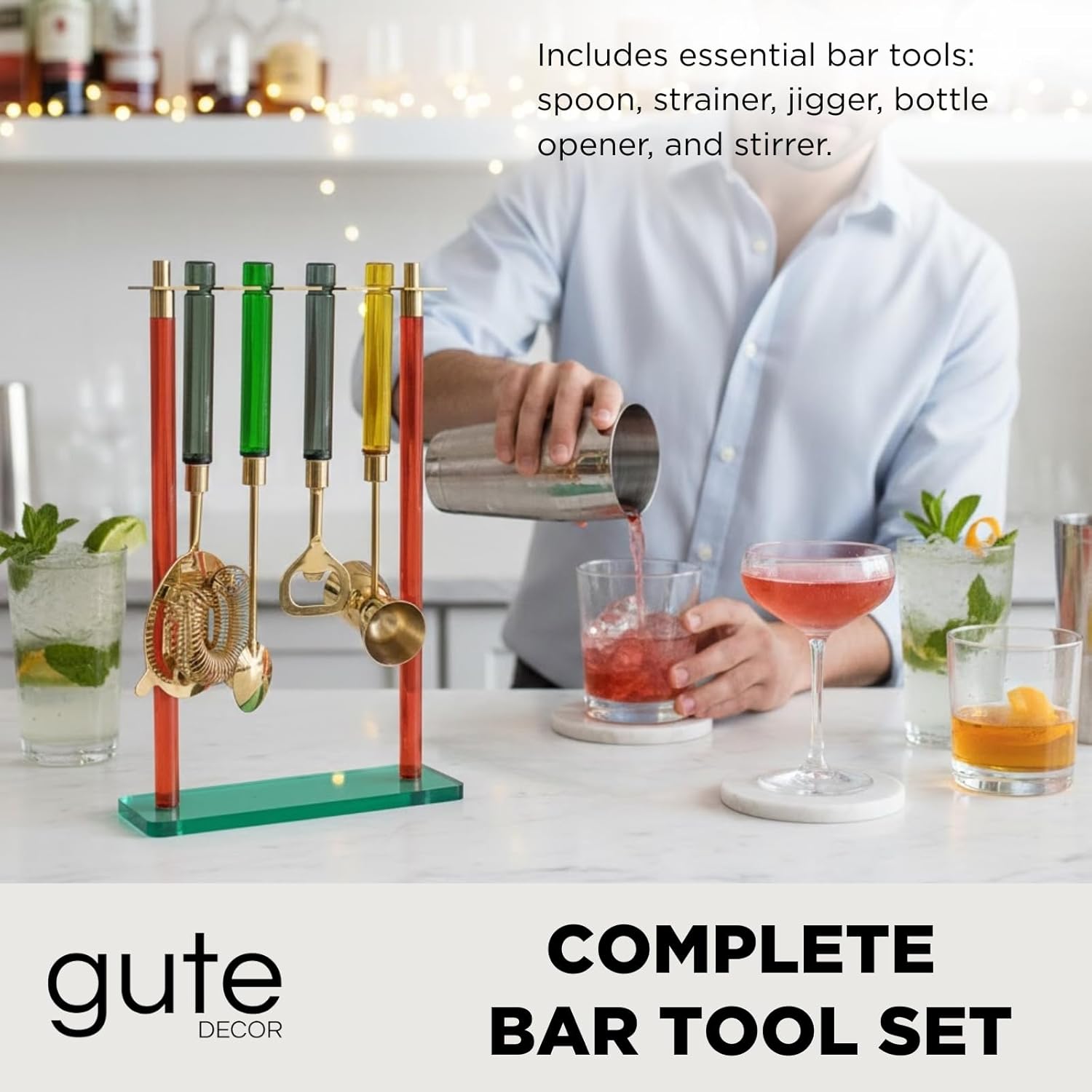 5-Piece Gold Bartender Kit with Stand. Stainless Steel Bar Tool Set, Colorful Handles. Includes Jigger, Strainer, Spoon, Bottle Opener Luxury Home Bar Cart Accessories, Cocktail Decor & Mixer Gift Set