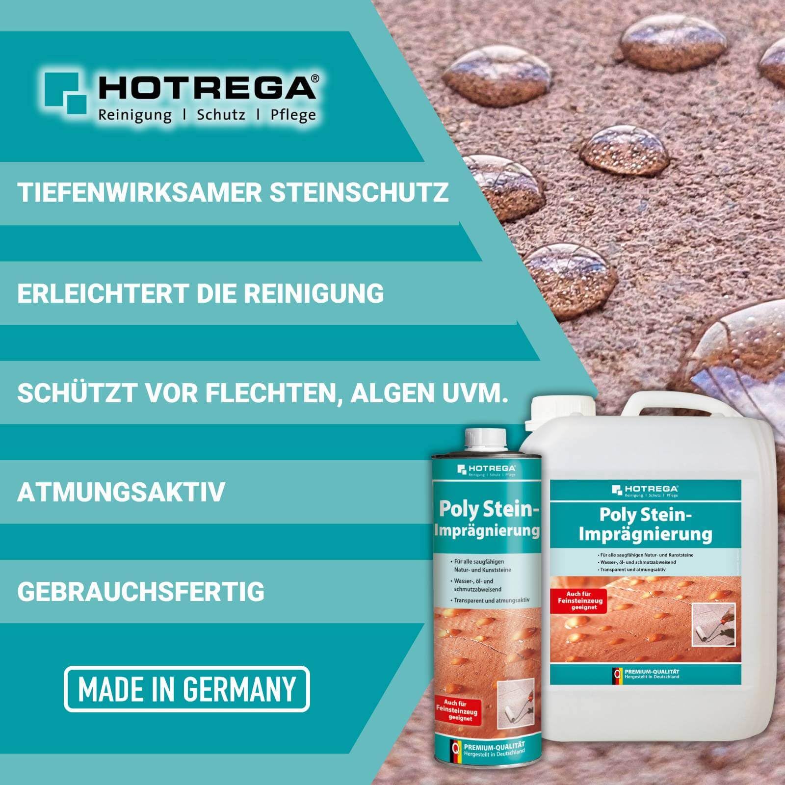 HOTREGA Stein-Imprägnierung 2x 1 L | Schutz für Naturstein & Kunststein | Transparente Versiegelung gegen Wasser, Öl & Schmutz | Atmungsaktiv | Ideal auf Feinsteinzeug | Für Innen & Außen