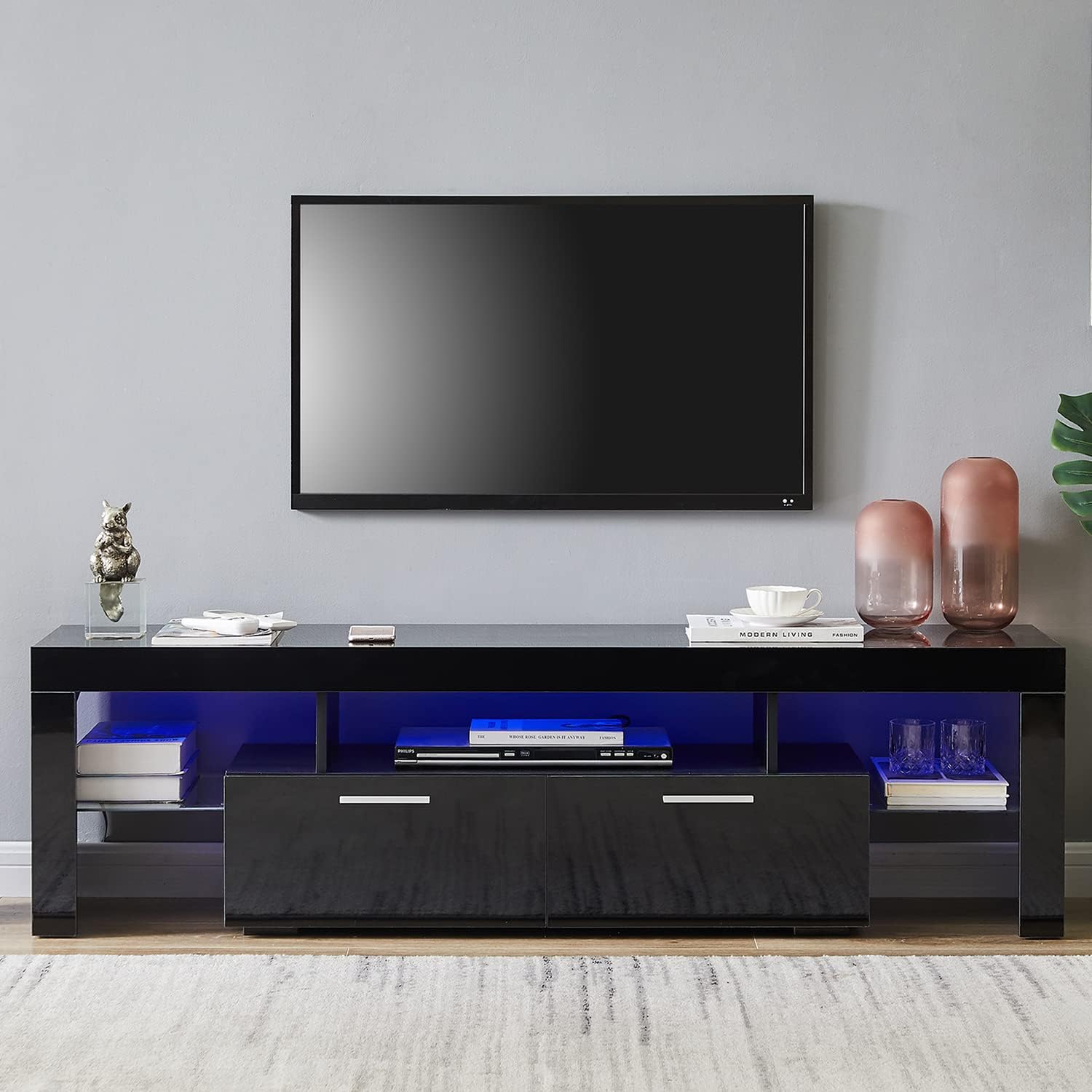 Kiztir Black LED TV Stand for 75 inch TV, Modern TV Stand with LED Lights, Entertainment Center for Living Room, Bedroom, Office