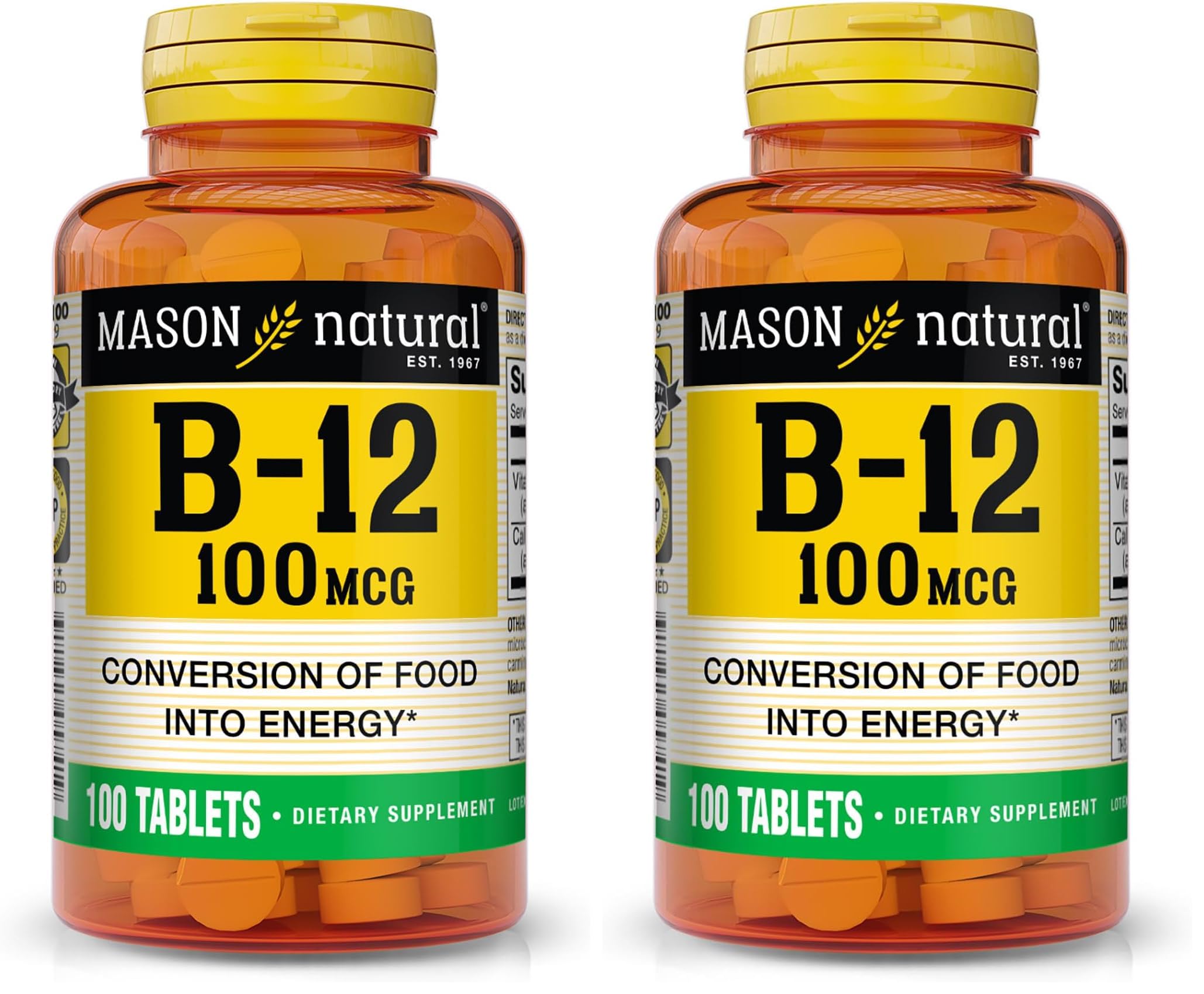 MASON NATURAL Vitamin B12 100 mcg with Calcium - Healthy Conversion of Food into Energy, Supports Nerve Function and Health, 100 Tablets (Pack of 2) 100 Count (Pack of 2)