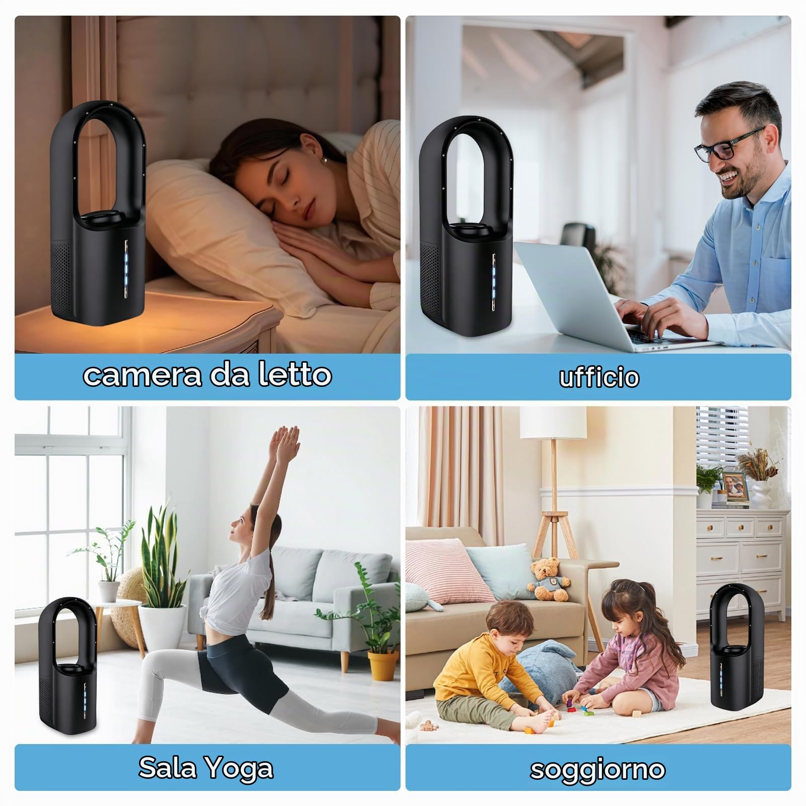 Ventilatore a torre silenzioso con purificatore d'aria, 3 velocità, tattile, adatto come diffusore di aromi, ventilatore senza pale per casa, ufficio