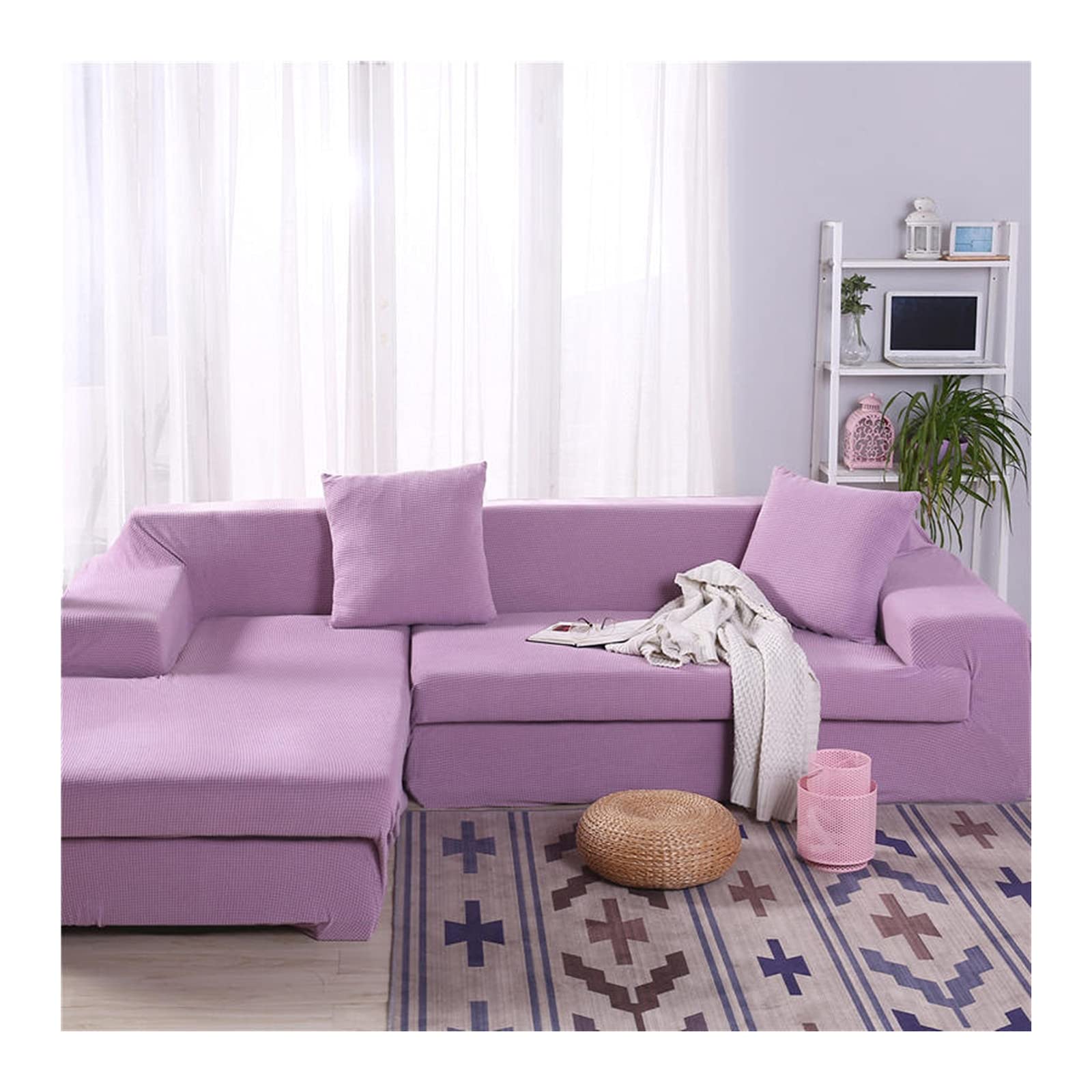 Housse de canapé 4 places velours violet clair extensible de 235 à 310 cm