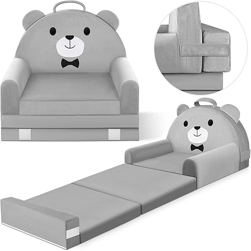 Sofá cama para niños con funda extraíble lavable y respaldo de cinta mágica - Silla plegable para niños pequeños, cómodos muebles de terciopelo de