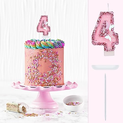 Miniatura 4 de Velas de números de cumpleaños de 2.7 pulgadas, velas de números rosas para decoración de pastel, velas de cumpleaños de mariposa con lentejuelas y