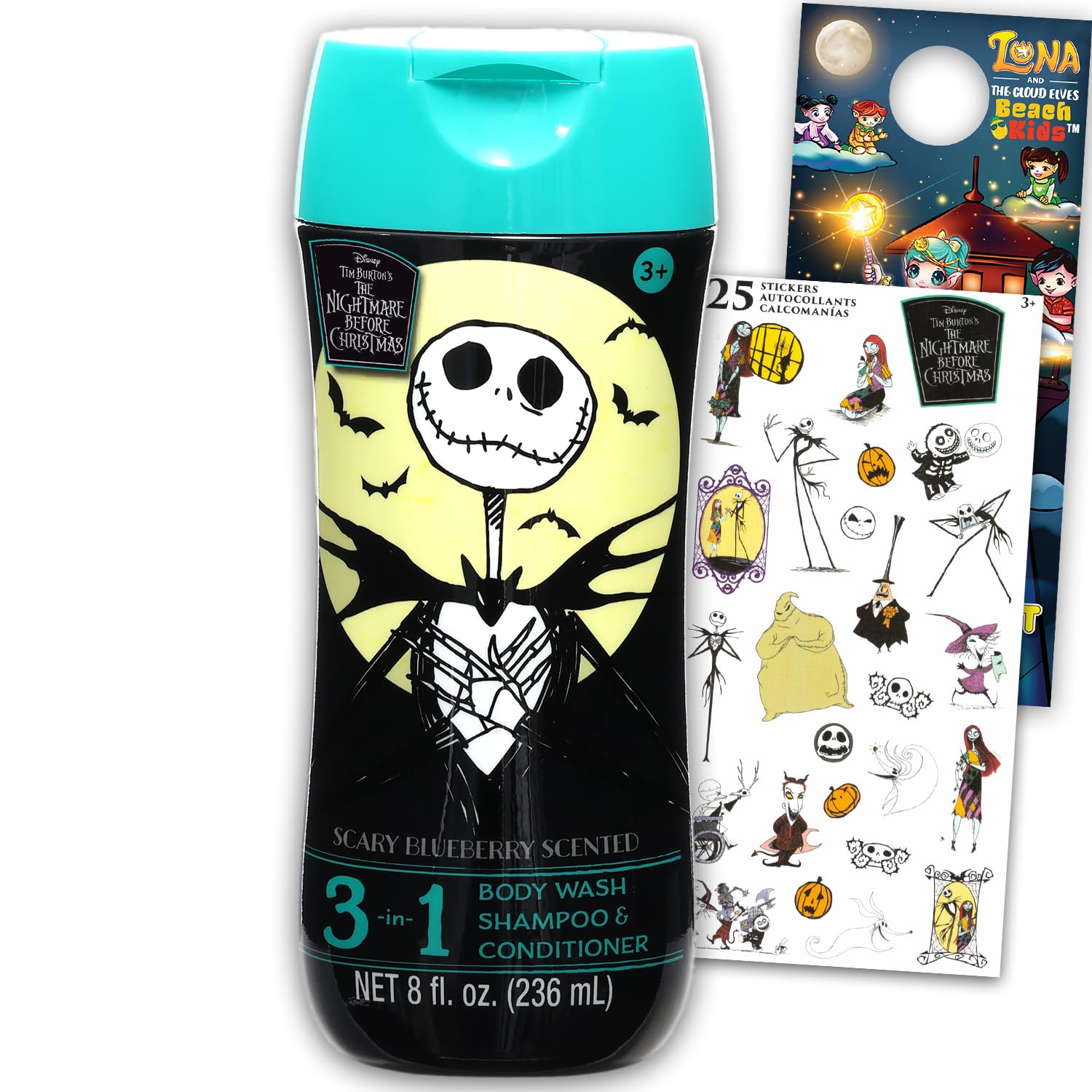Nightmare Before Christmas Kids Shampoo, Conditioner, Body Wash 8 Oz Bottle - Bundle with Disney 3-in-1 Scary Blueberry Scented Body Wash, Shampoo & Conditioner Plus Stickers | Disney Bathroom Set