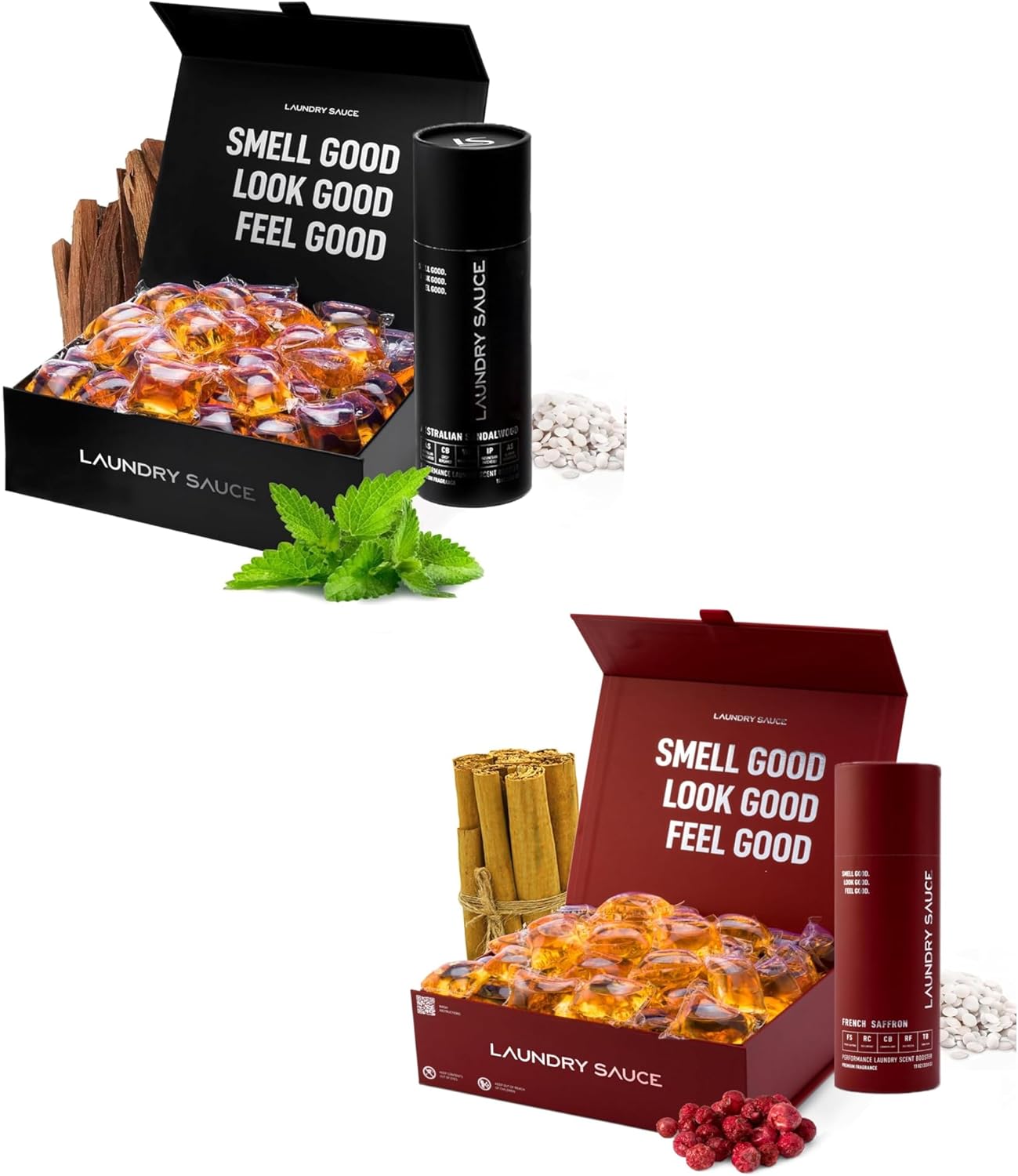 Laundry Sauce - 02 Sets of Luxury Scented Laundry Detergent Pods & Scent Booster Bundle (Australian Sandalwood and French Saffron), Premium Laundry Washing Pods with High-End, Sophisticated Fragrances