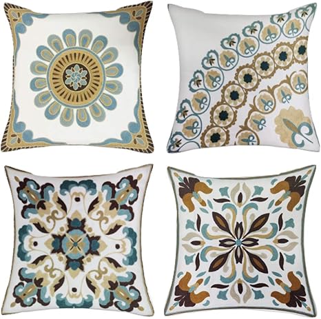 Amazon Co Jp Viivei クッションカバー 立体感 刺繍製 綿 おしゃれ ボヘミアンスタイル 北欧 モダン エスニック 花柄 幾何刺繍 木の葉 上品 じょうひん 高級感 インテリア 飾り 家庭用 レストラン用 ホテル用 オフィス用 サンプルルーム用 45 45cm 4枚セット 刺繍1