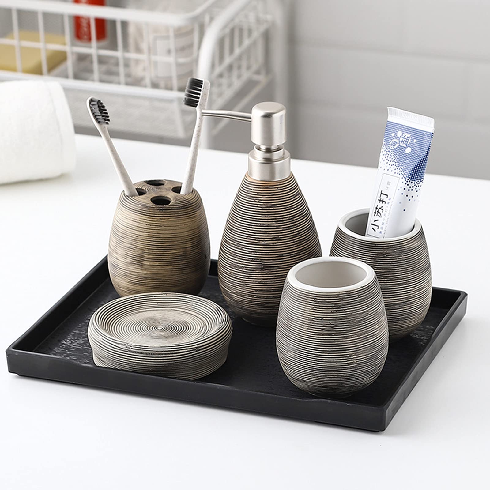 Bad-Accessoires Set Keramik Badezimmer 6-Teilig Mit Seifenspender Zahnbürstenhalterung Seifenschale Becher Und Ablagefach Luxuriöses Badezimmer-Set,Braun