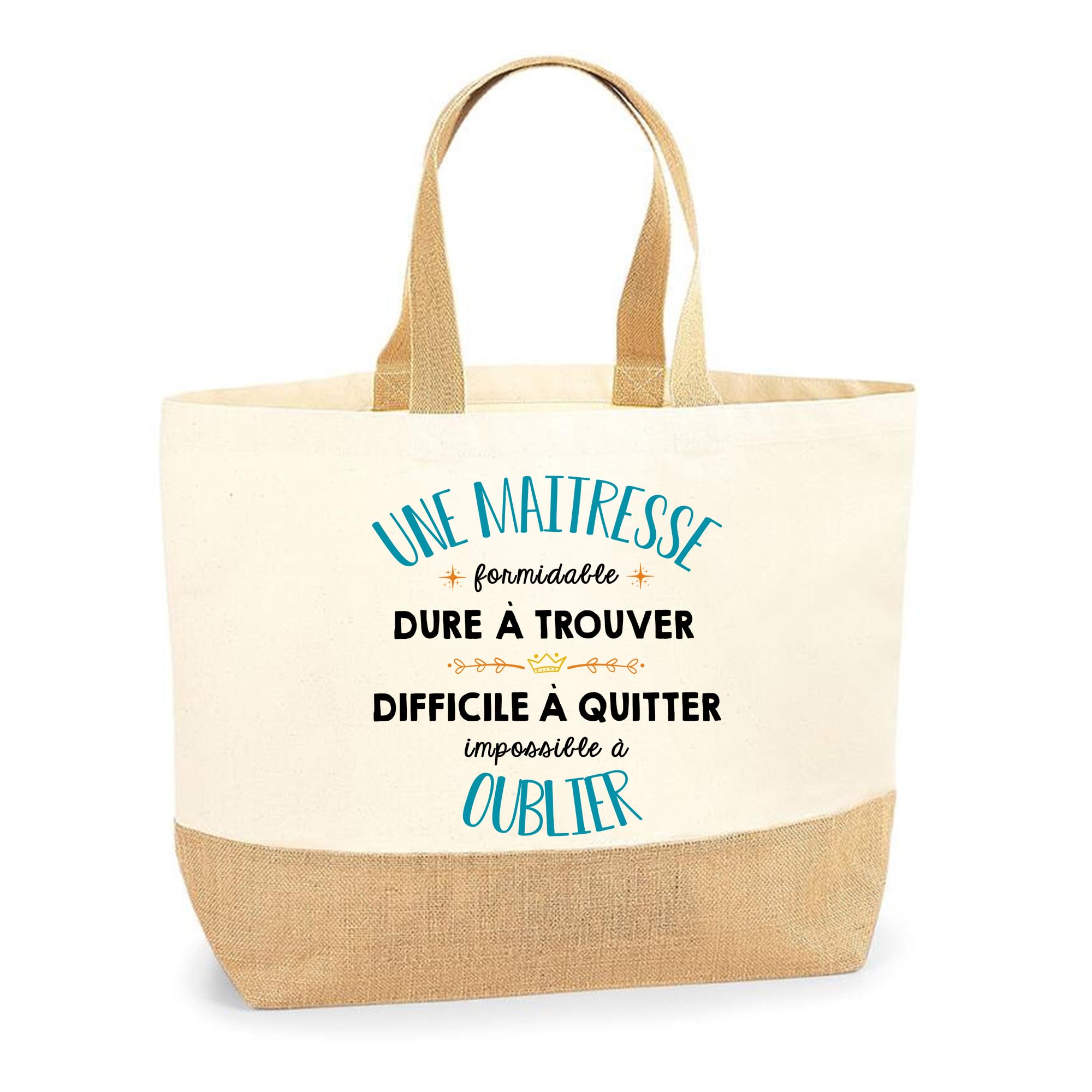 Sac Cabas de Plage Maitresse | Toile de Jute Coton Courses Idée Cadeau Collègue Travail Métier École Fin D’année Merci