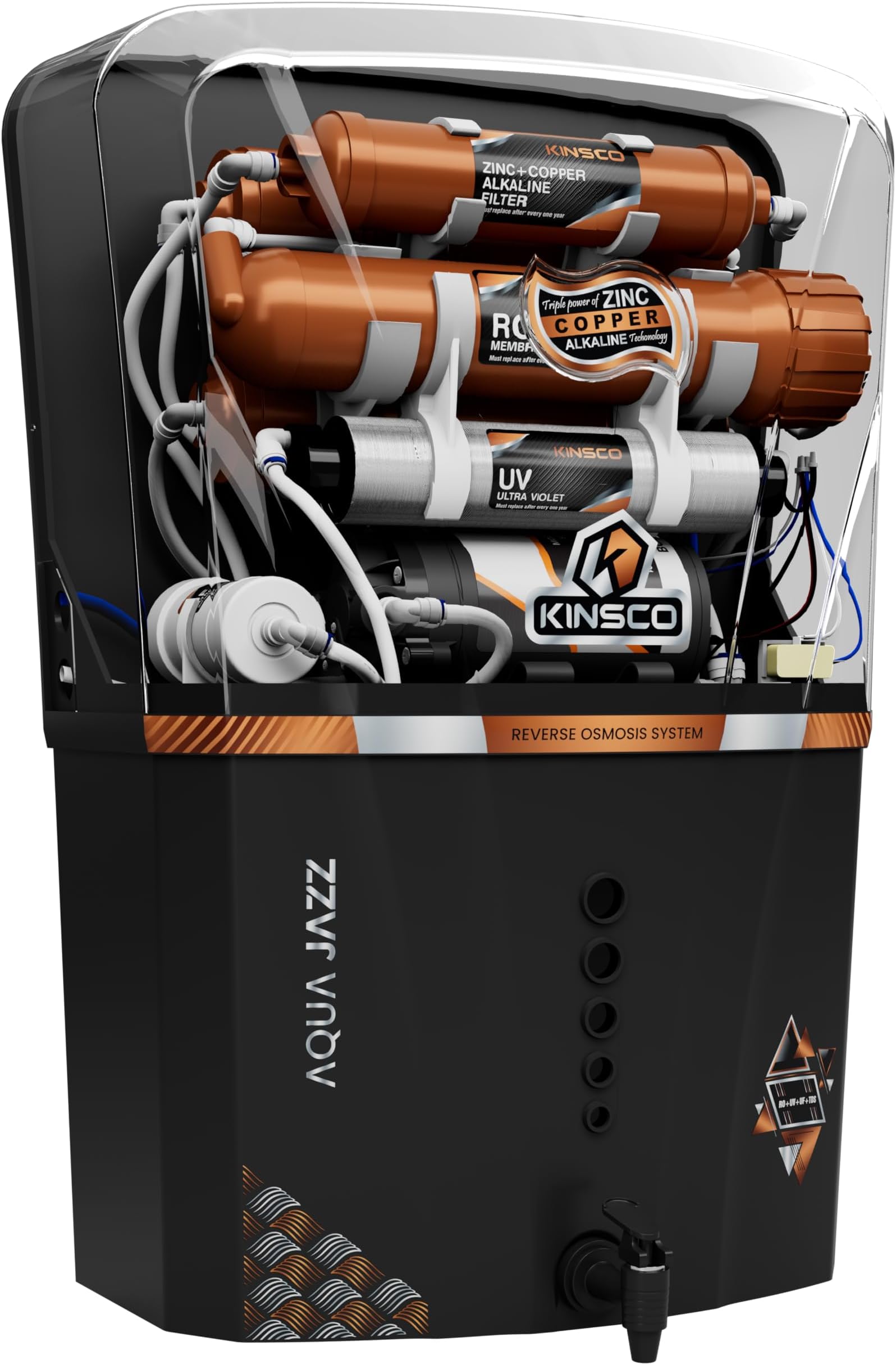 Kinsco Aqua Jazz ISI Copper Alkaline RO Water Purifier | RO + UV + UF + TDS + Copper Technology | Auto Start/Stop | 15L Tank Capacity | Black