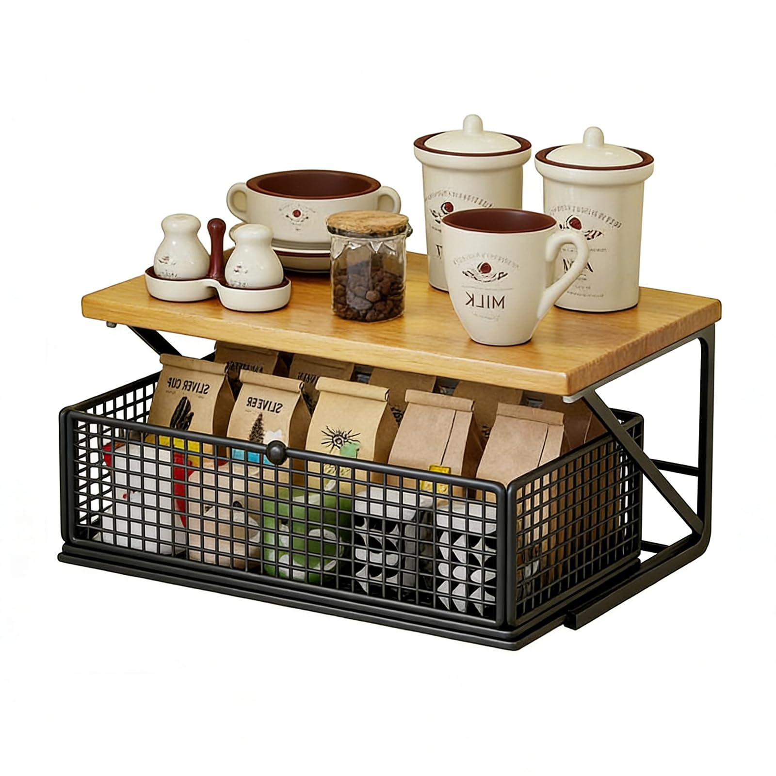 1-Eben Metall Küchenorganizer Arbeitsplatte, Ausziehbare Schublade, Multifunktionaler Tisch-Aufbewahrungsregal für Snacks, Teebeutel & Kleingeräte, Platzsparender Organizer (Schwarz+Naturholzfarbe)