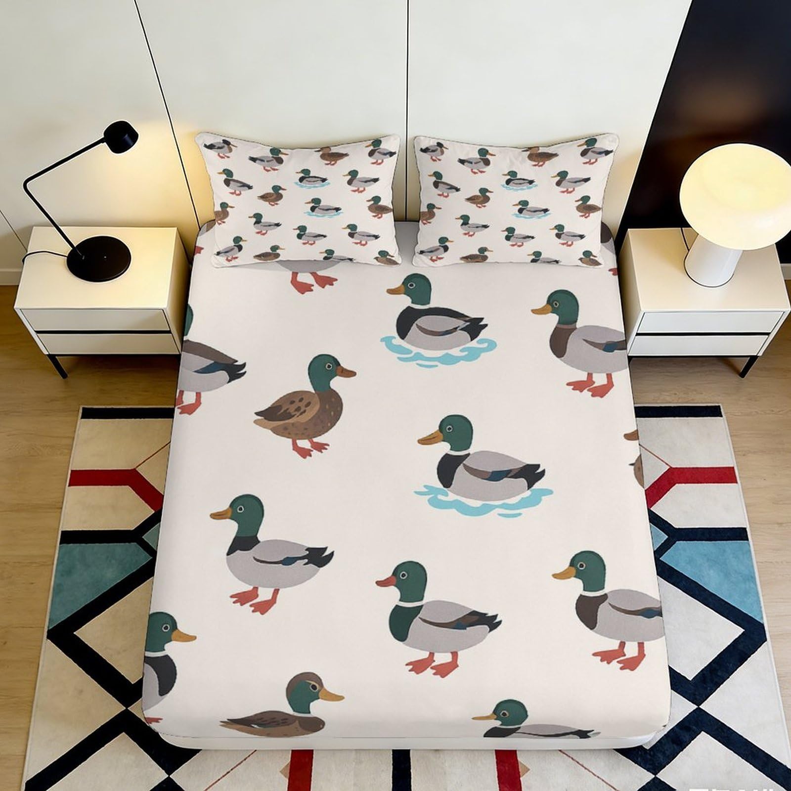 3D Printed Mallard Duck Fitted Sheet Microfiber Soft Breathable Waterfowl Bed Cover for Bedroom Guest Room Decor 90x200x25cm
