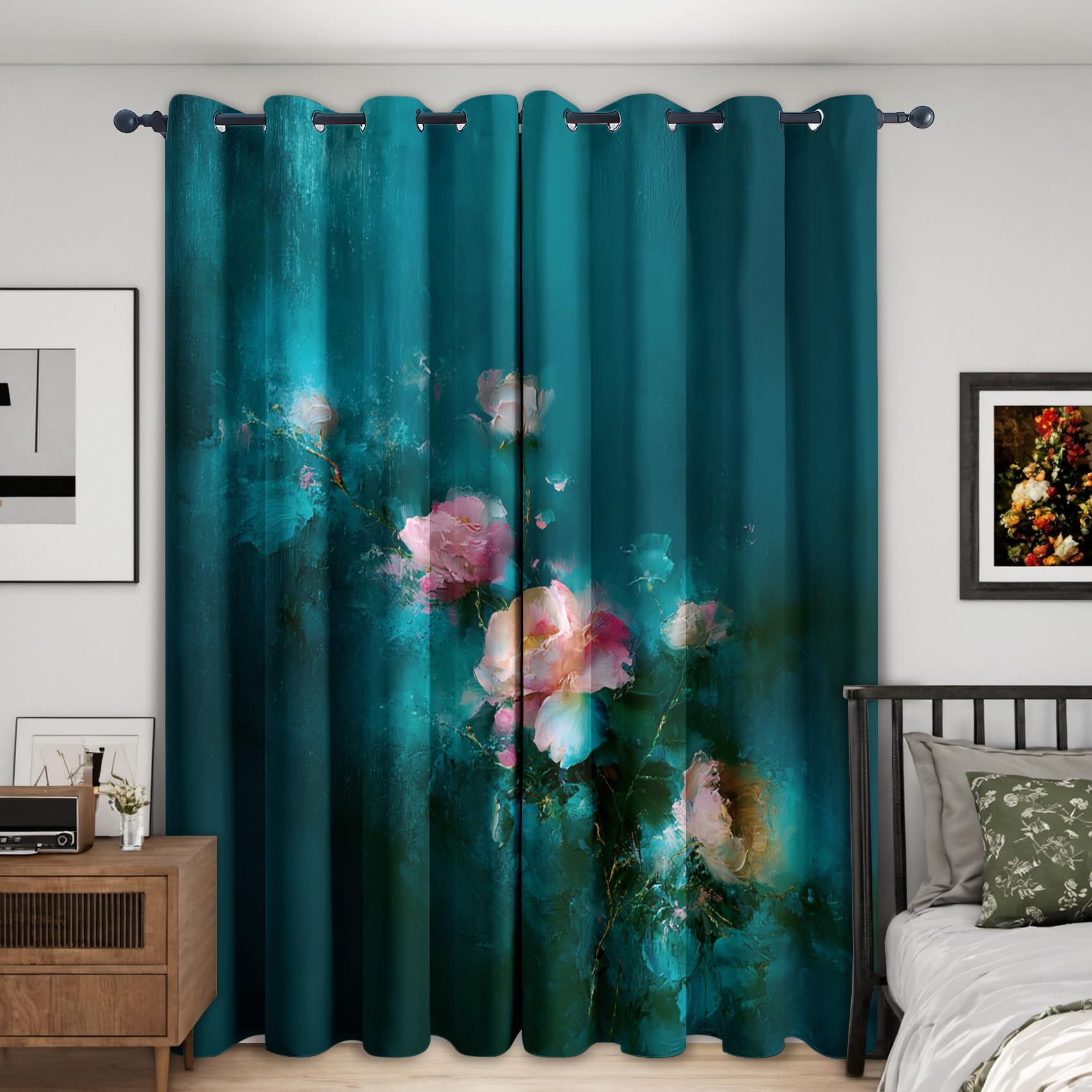 Générique Rideaux Motif Vintage Fleurs Rideau Occultant | Vert Foncé Florales, Lot de 2 Rideaux Imprimé, Decoration Chambre Salon, à Oeillets, L 75 x H 166 T&V137