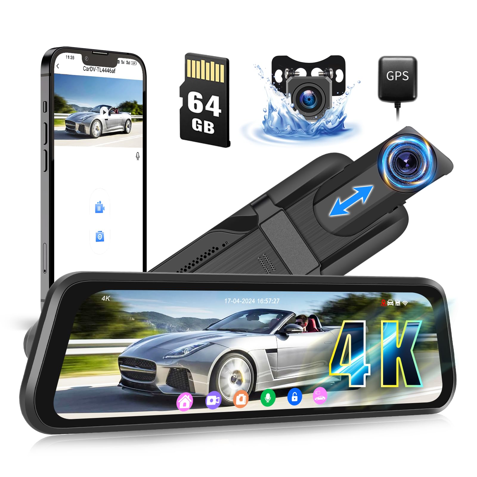 CAMECHO 4K Rear View Mirror Camera, 9.66" IPS Mirror Dash Cam Front and Rear for Car with 64GB Card, Touch Screen Rear View Mirror Backup Camera with