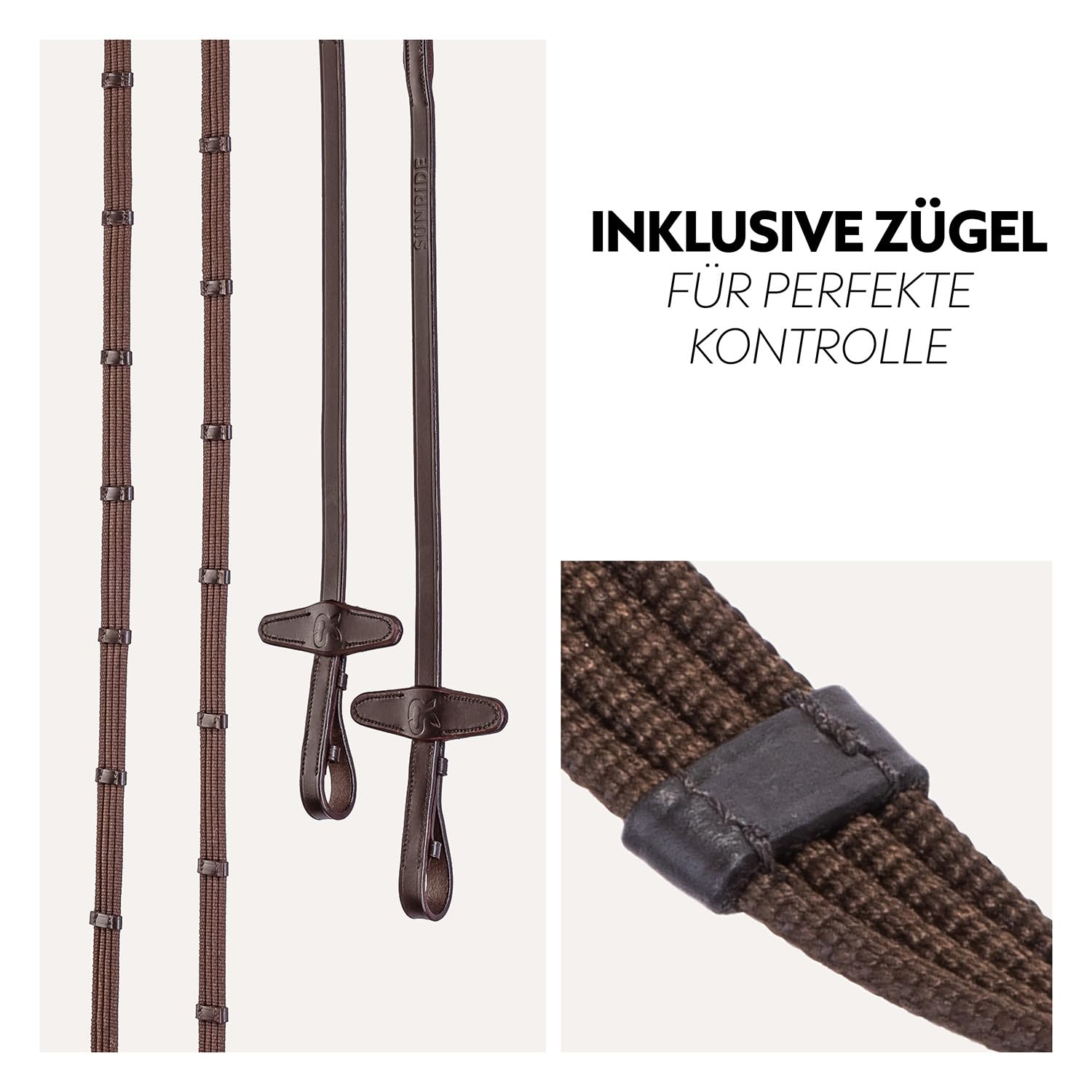 SUNRIDE Brida Inglesa combinada Caballo (London) – con riendas – Cuero Genuino Suave – Acolchado Extra – anatómica Ajustable – Artesanal – Costuras Decorativas – Acero Inoxidable (COB, marrón)