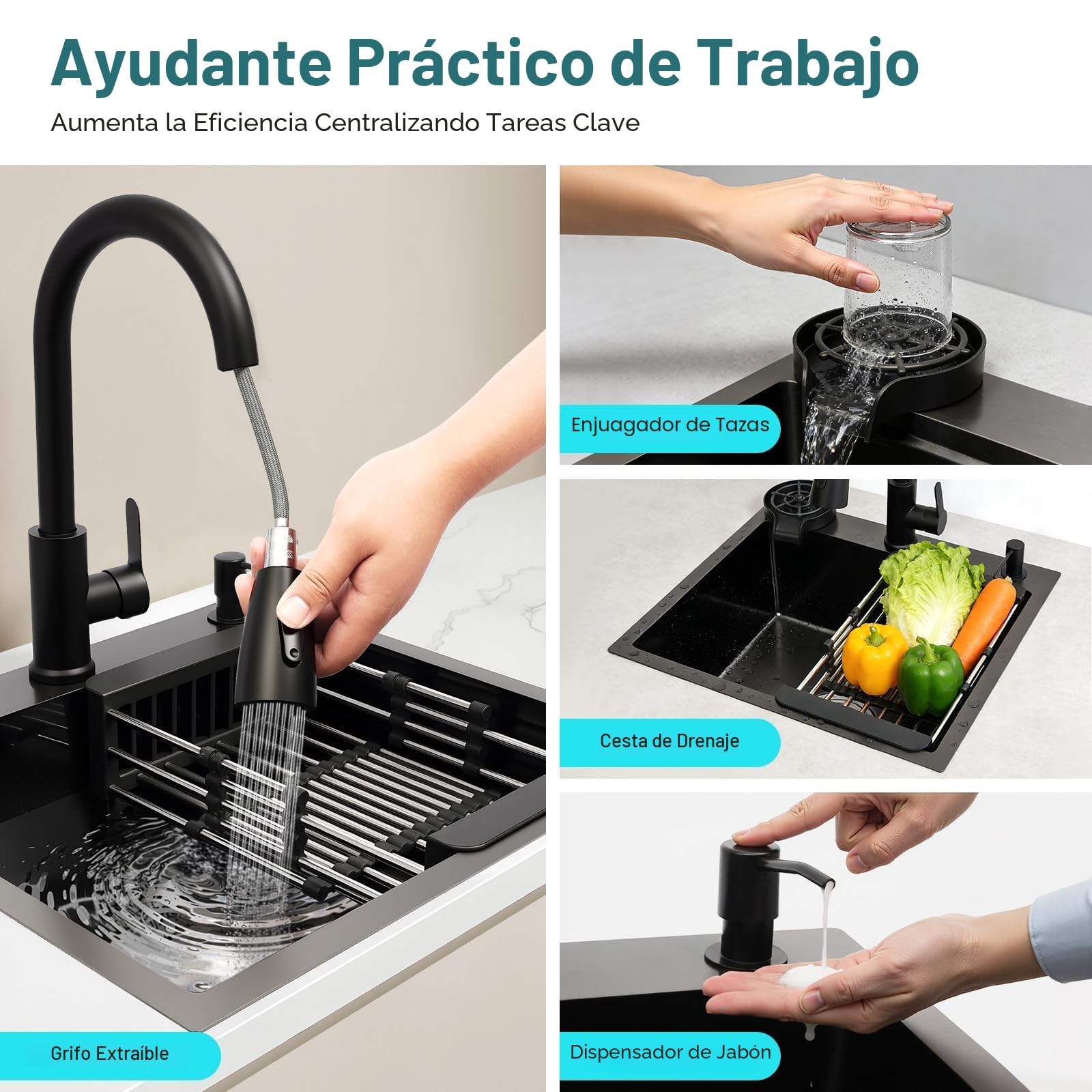 Fregadero de acero inoxidable de 50 x 45 cm, color negro con grifo extraíble y lavavajillas para tazas, fregadero de cocina multifuncional, 1 lavabo, fregadero empotrable con tubo de drenaje