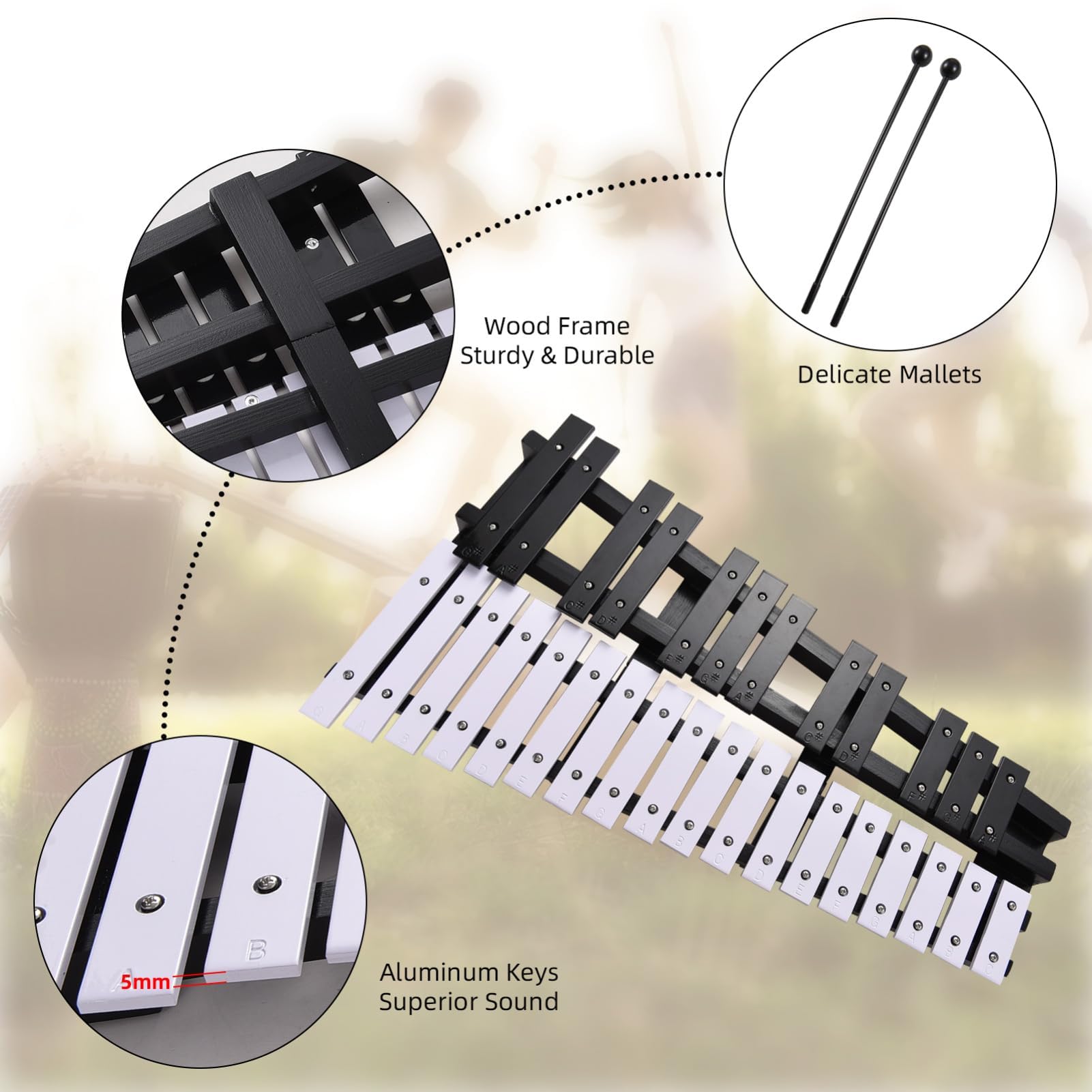 Ejoyous Xylophone, 30 Notes Cadre en Bois Tiges en Aluminium Xylophone Pliant avec Sac 2 Maillets, pour étudiants Débutants (Noir Blanc)