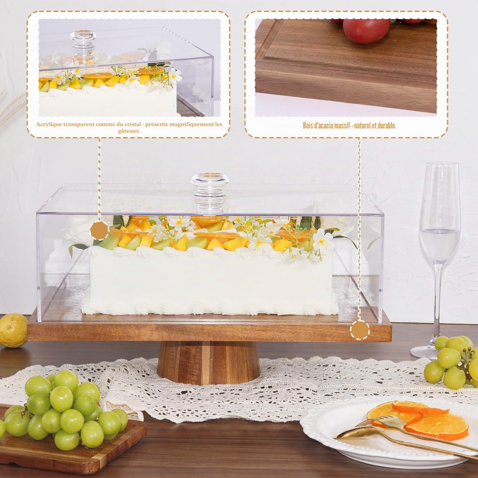 Présentoir à gâteaux rectangulaire en bois d'acacia de 43 cm avec couvercle - Plateau de service et présentoir à desserts 2 en 1, dôme à gâteaux en acrylique incassable (43 cm)