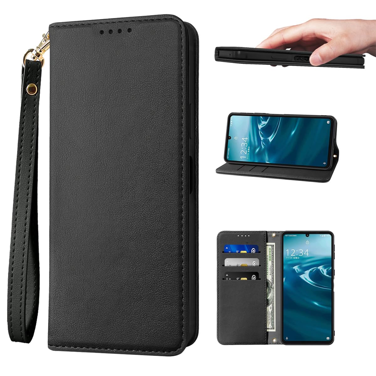 適用AQUOS Wish 5 ケース 手帳型 高質レザー AQUOS Wish 5 ケース 手帳型 ケース 携帯カバー 皮革 Wish 5 ケース 耐衝撃 内蔵マグネット開閉式 ウィッシュ5 ドコモ カバー 手帳型 ベルトなし スマホケース おしゃれ カードポケット スタンド機能 便利 スプラット同梱 携帯ケース ブラック