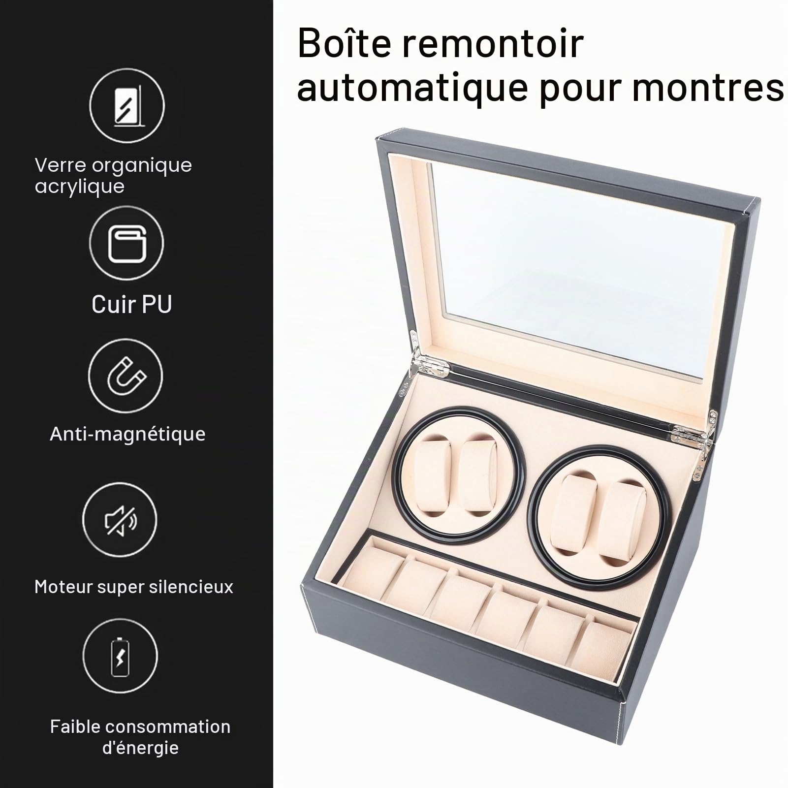 Greensen Coffret Remontoir Automatique pour Montres – Boîtier de Rangement avec Support Tournant Silencieux pour 4 à 6 Montres, Design Noir Élégant et Compact