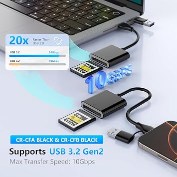 CFexpress Type A Card Reader with USB 3.2 (Gen 2) 10Gbps, USB-C&USB-A 2-in-1 Type A CFexpress Adapter, Compatible with Windows/Mac/Linux/Android, for iPhone 17/16/15, Laptops, Tablets, Smartphones
