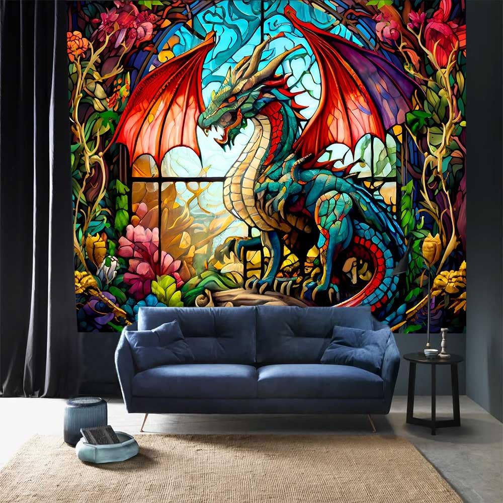 Ine Ive Fantasy Dragon Tapestry Stained Glass Window Tapestry Large Size 100x90Inches Forest Plant Floral Medieval Animals Dragon Wall Decor for Bedroom Dorm Home