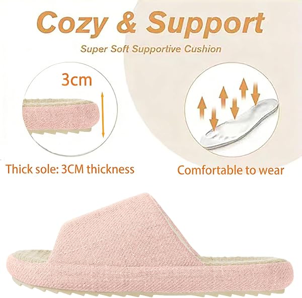 Zapatillas de Estar en Casa Mujer Pantuflas de Lino Antideslizantes Planas Espuma de Memoria Suave Cuatro Estaciones Slippers - 5