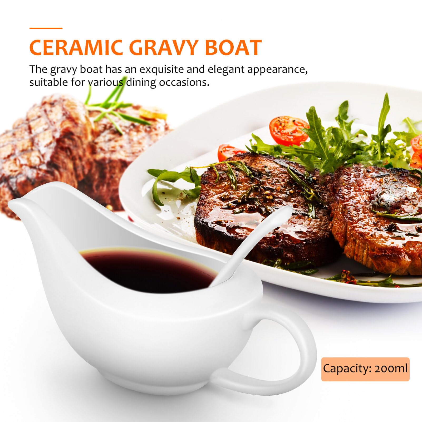 HOLIDYOYO Gravy Boat with Spoon Gravy Server Sauce Boat Ceramic White Gravy Dish Set Sauce Salad Dressing Boat for Gravy Warming Sauces Salad Cream Milk Broth Black Pepper 200ML