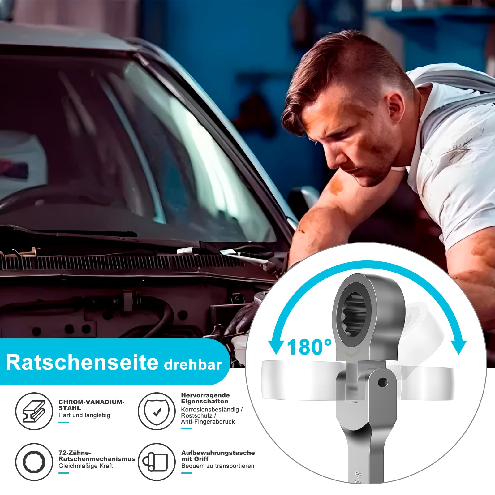 HYCHIKA zestaw kluczy oczkowych, 9 sztuk, 6-19 mm, z głowicą grzechotkową i torebką, do naprawy samochodów i konserwacji przemysłowej