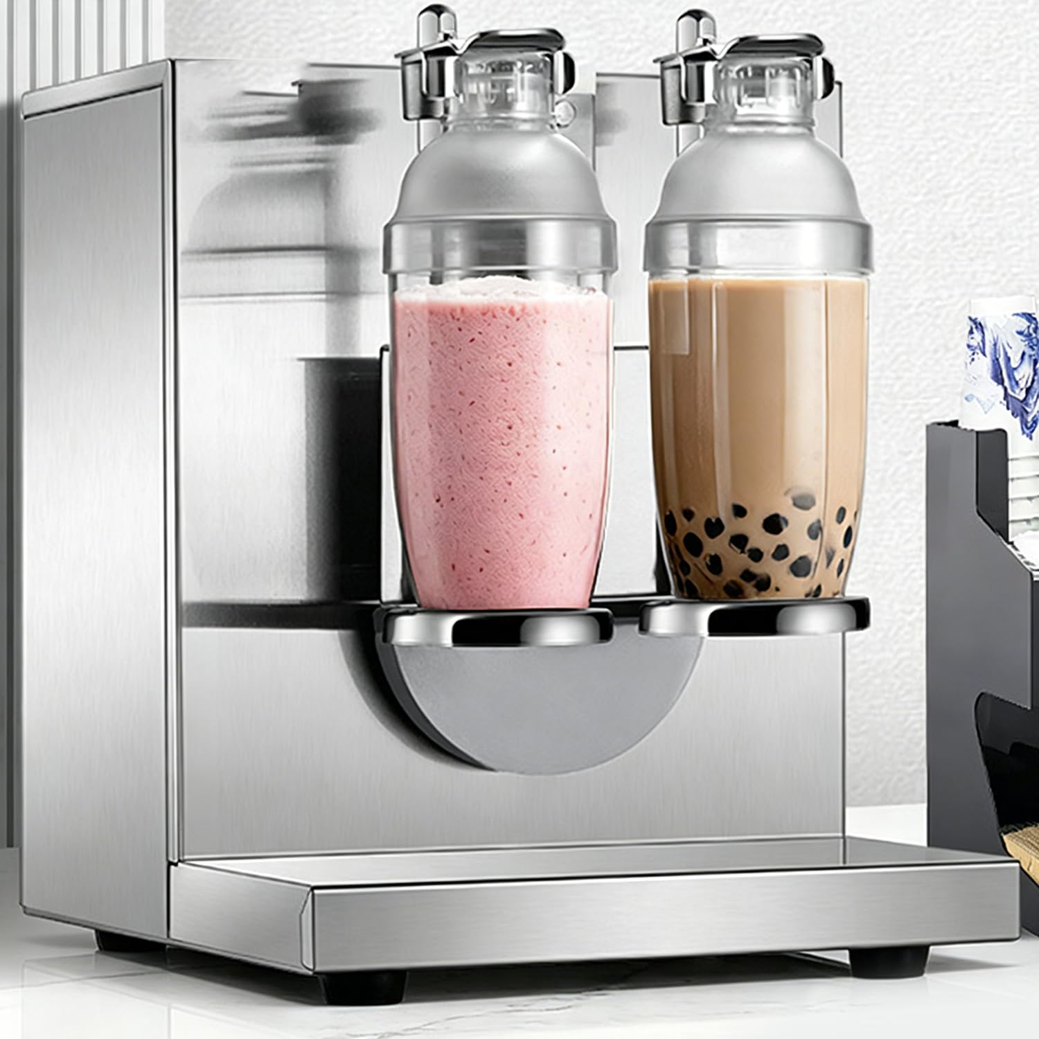 RETRIN Commercial Automatic Boba Tea Shaker, Double-Station Electric Mixer with Quiet Motor and 30% Faster Mixing, Includes 2 PC Mugs for Smoothies & Cocktails
