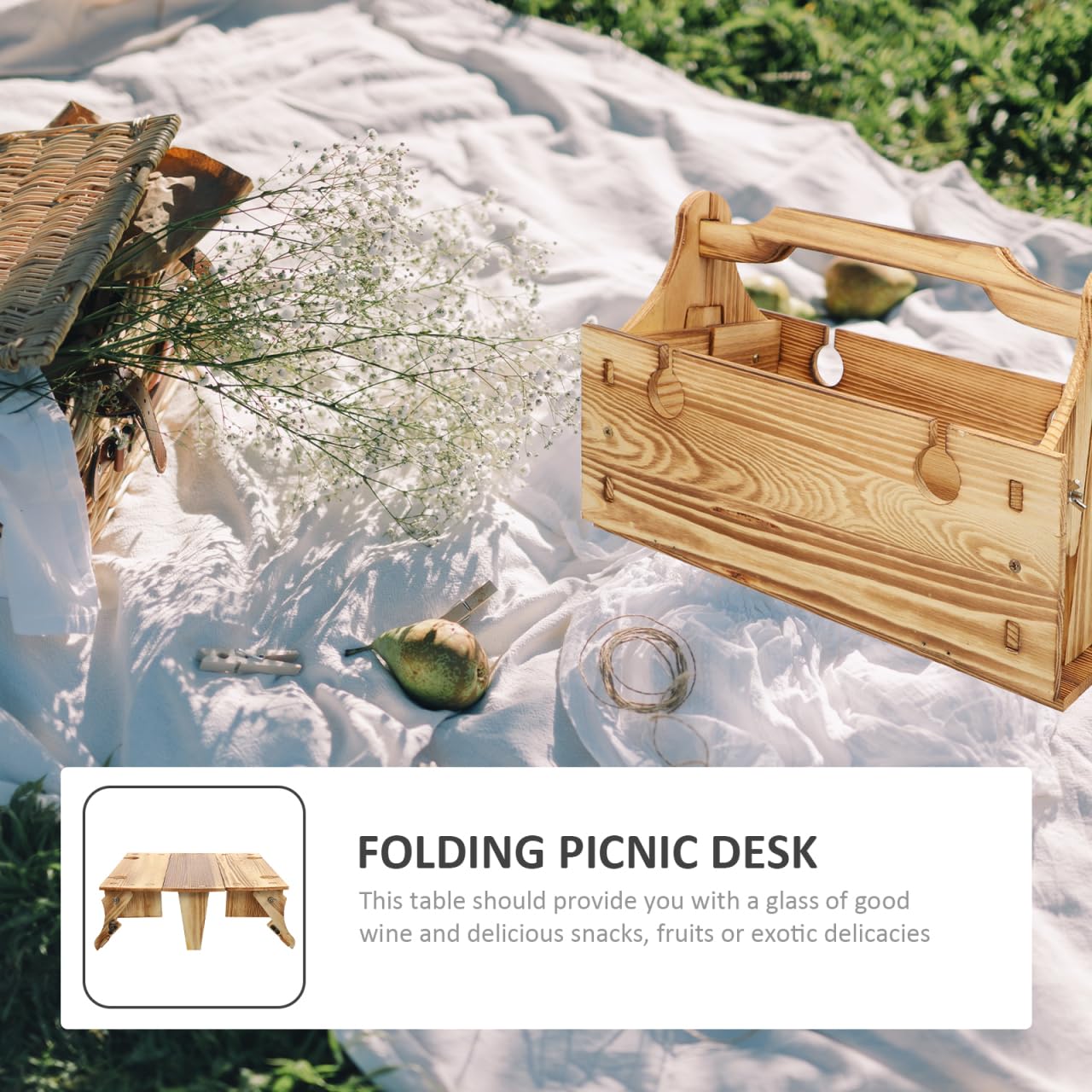 GANAZONO Mesa plegable con cesta para vino, picnic al aire libre, cesta de picnic de madera, mesa plegable para exteriores, mini contenedor de vino y queso, accesorio para picnic, mesa de picnic de