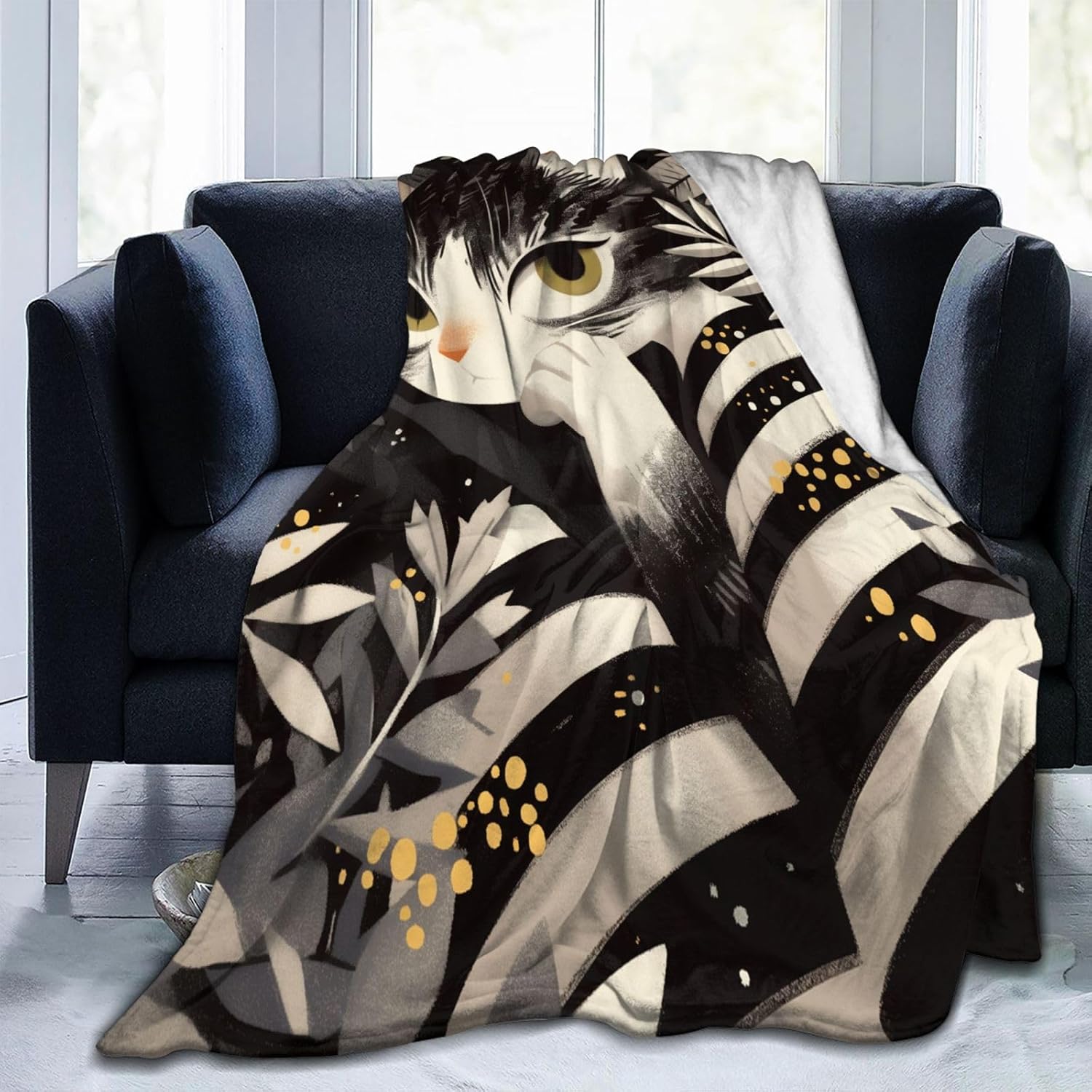 Boho Cat Blanket Flannel Bohemian Kitty Throw Blanket Lightweight Soft Warm Cozy Travel Blanket for Bed Couch Sofa Living Room Bedroom Gift for Women Men Girls Boys All Season 60"x50"