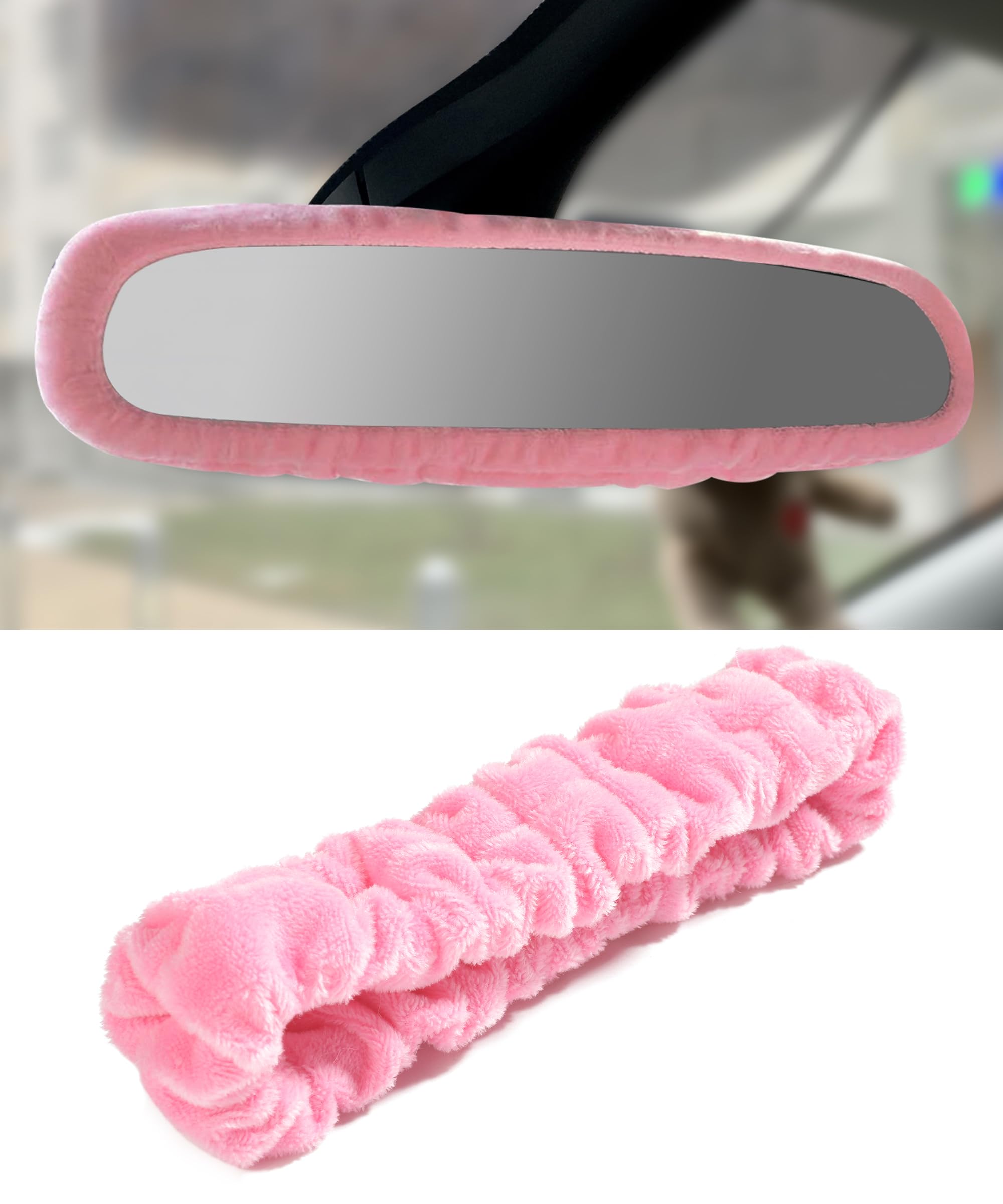 Rear View Mirror Cover, Elastic Plush Auto Rear View Mirror Protector, Decor for Car, SUV, Truck, RV (Pink)