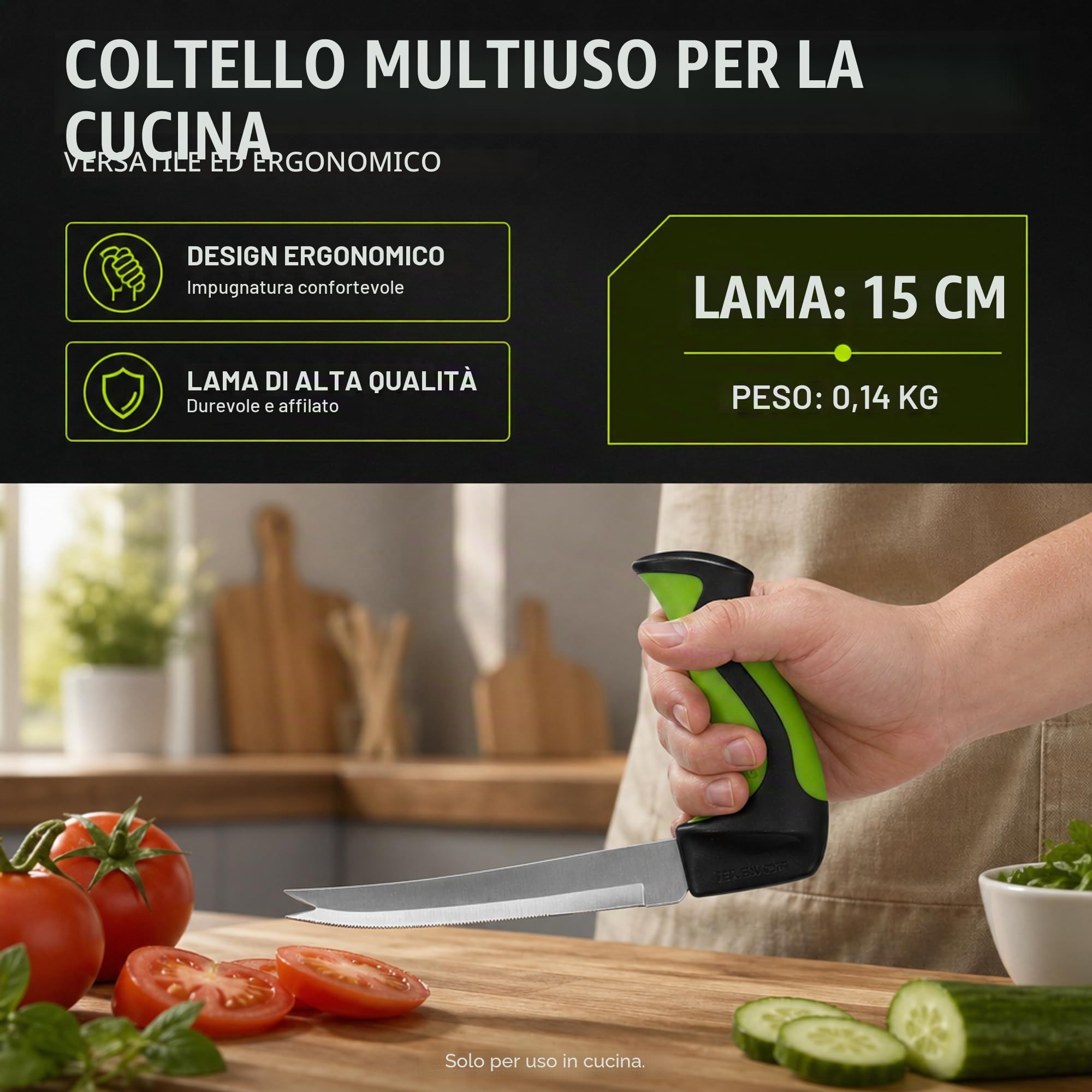 ATC Handels GmbH Coltello multiuso da cucina – Coltello da cucina ergonomico – Manico angolato per una posizione neutrale del polso – Manipolazione antiscivolo