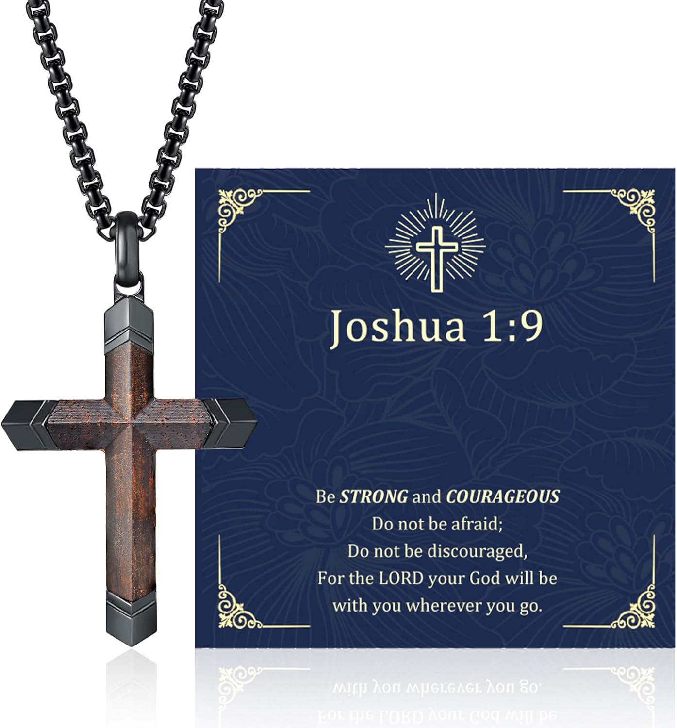 Cross Necklace for Men,Stainless Steel Inlay Ebony Wood Christian Cross Pendant,Silver/Black/Gold Plated Religious Jewelry Gift,Baptism Birthday Anniversary Faith Gifts for Son Husband Boyfriend Dad